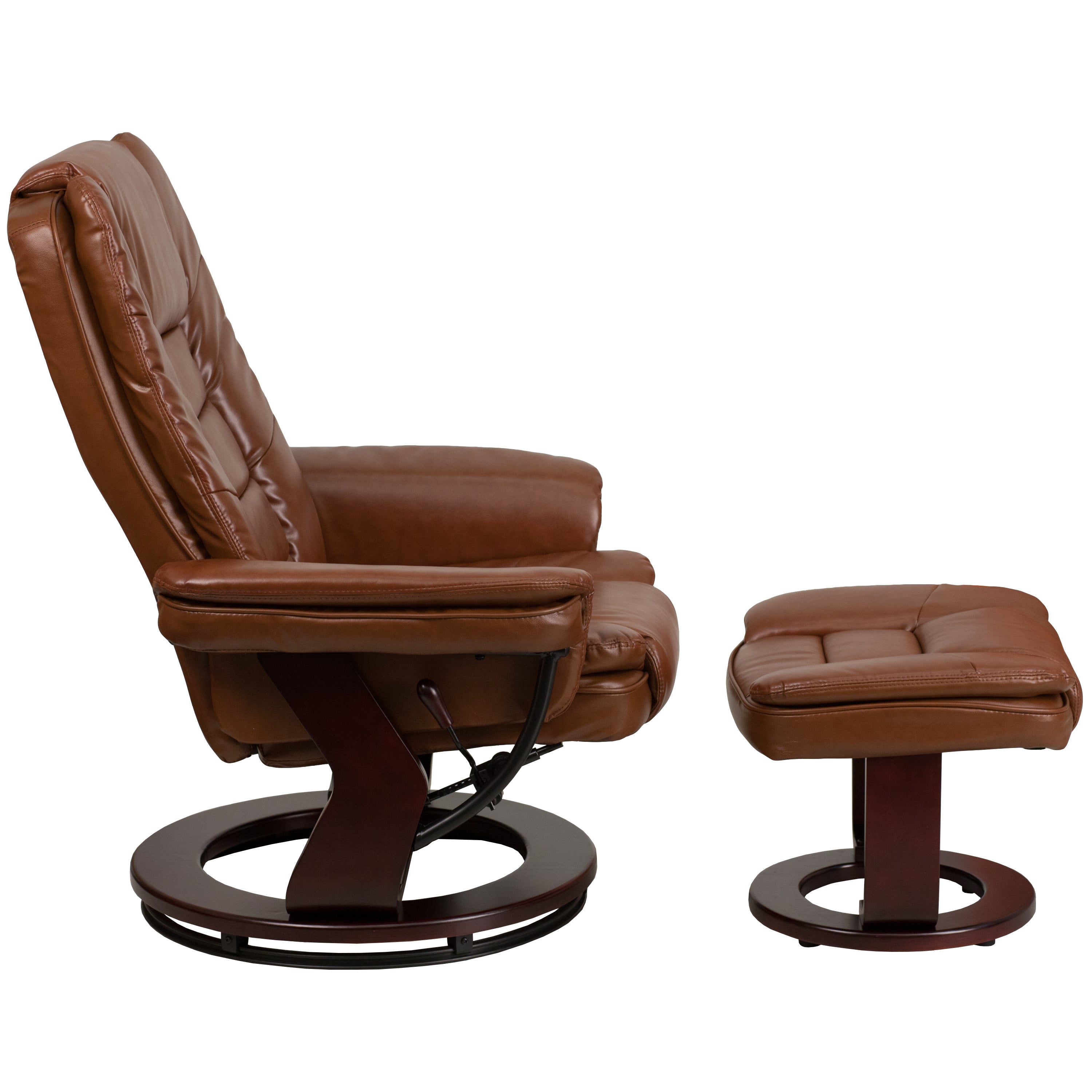 Bali Contemporary Multi-Position Recliner with Horizontal Stitching and Ottoman with Swivel Mahogany Wood Base in Brown Vintage Leather