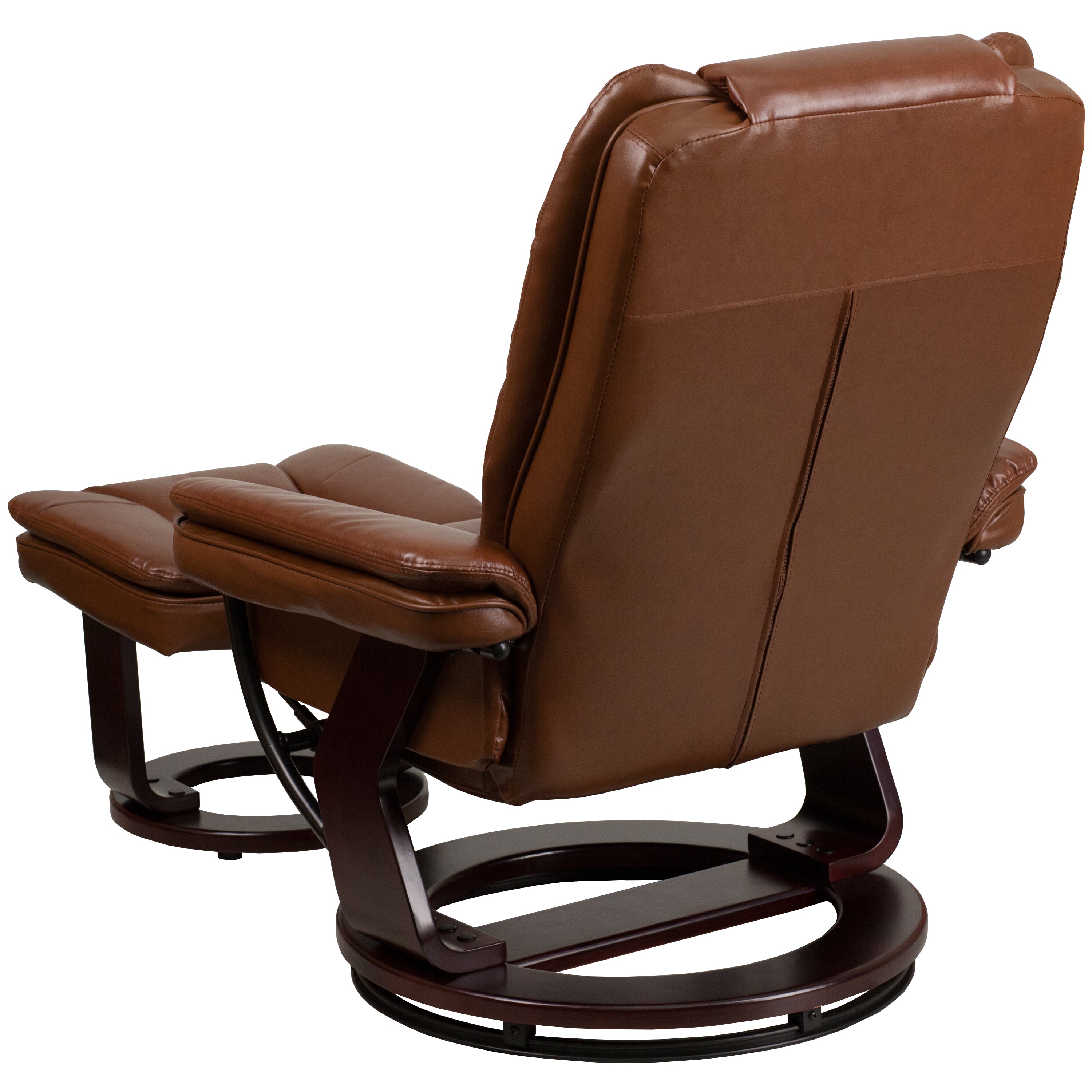 Bali Contemporary Multi-Position Recliner with Horizontal Stitching and Ottoman with Swivel Mahogany Wood Base in Brown Vintage Leather