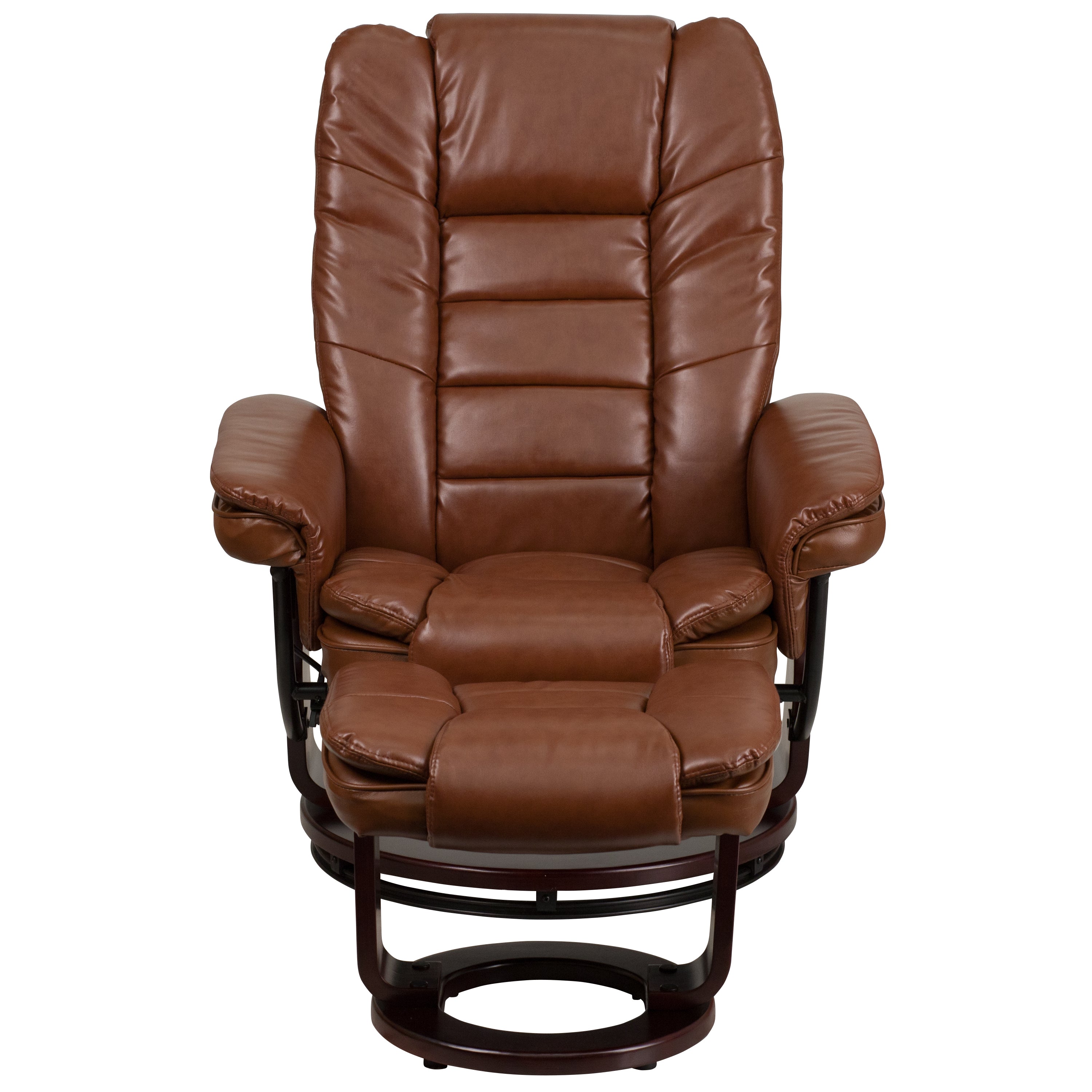 Bali Contemporary Multi-Position Recliner with Horizontal Stitching and Ottoman with Swivel Mahogany Wood Base in Brown Vintage Leather