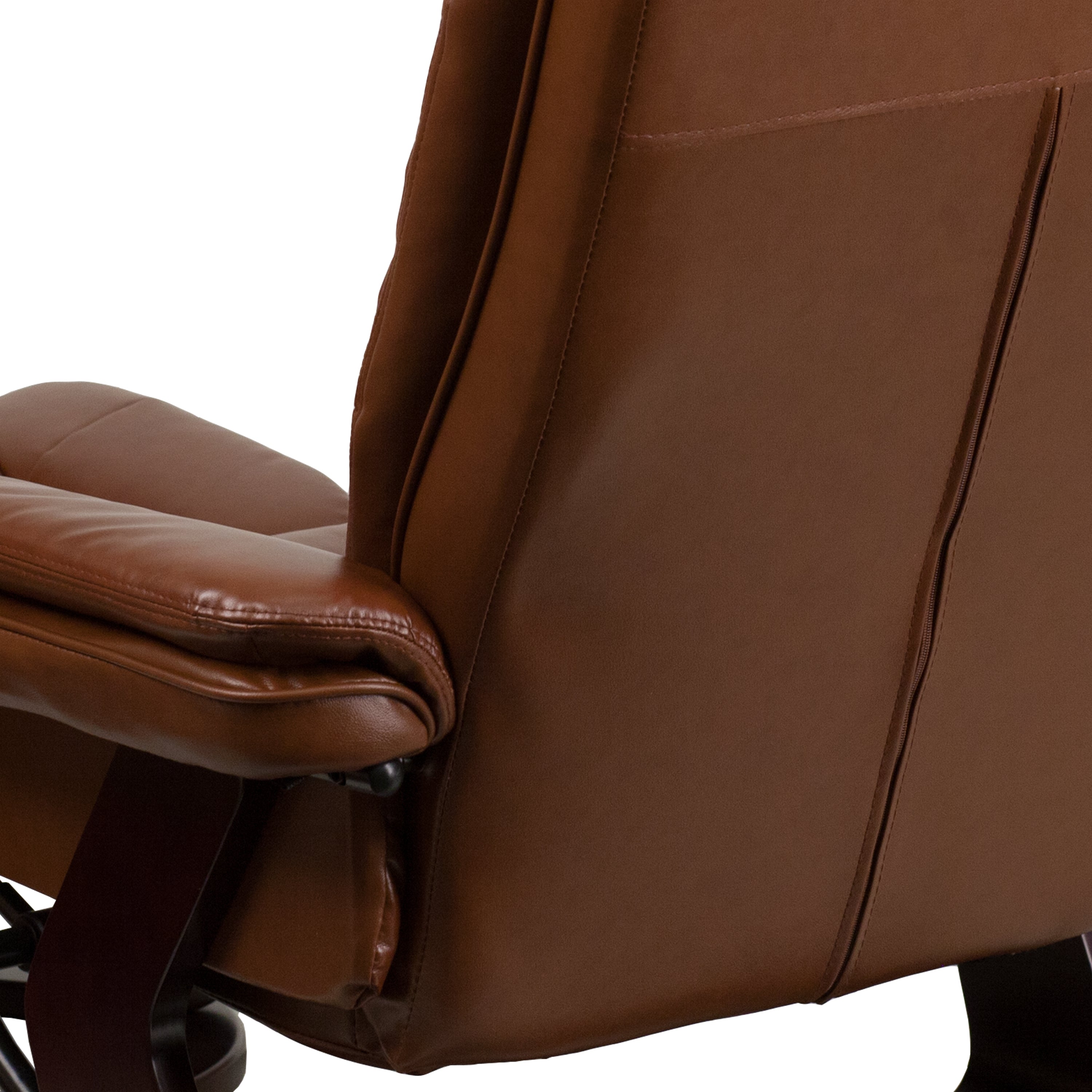 Bali Contemporary Multi-Position Recliner with Horizontal Stitching and Ottoman with Swivel Mahogany Wood Base in Brown Vintage Leather