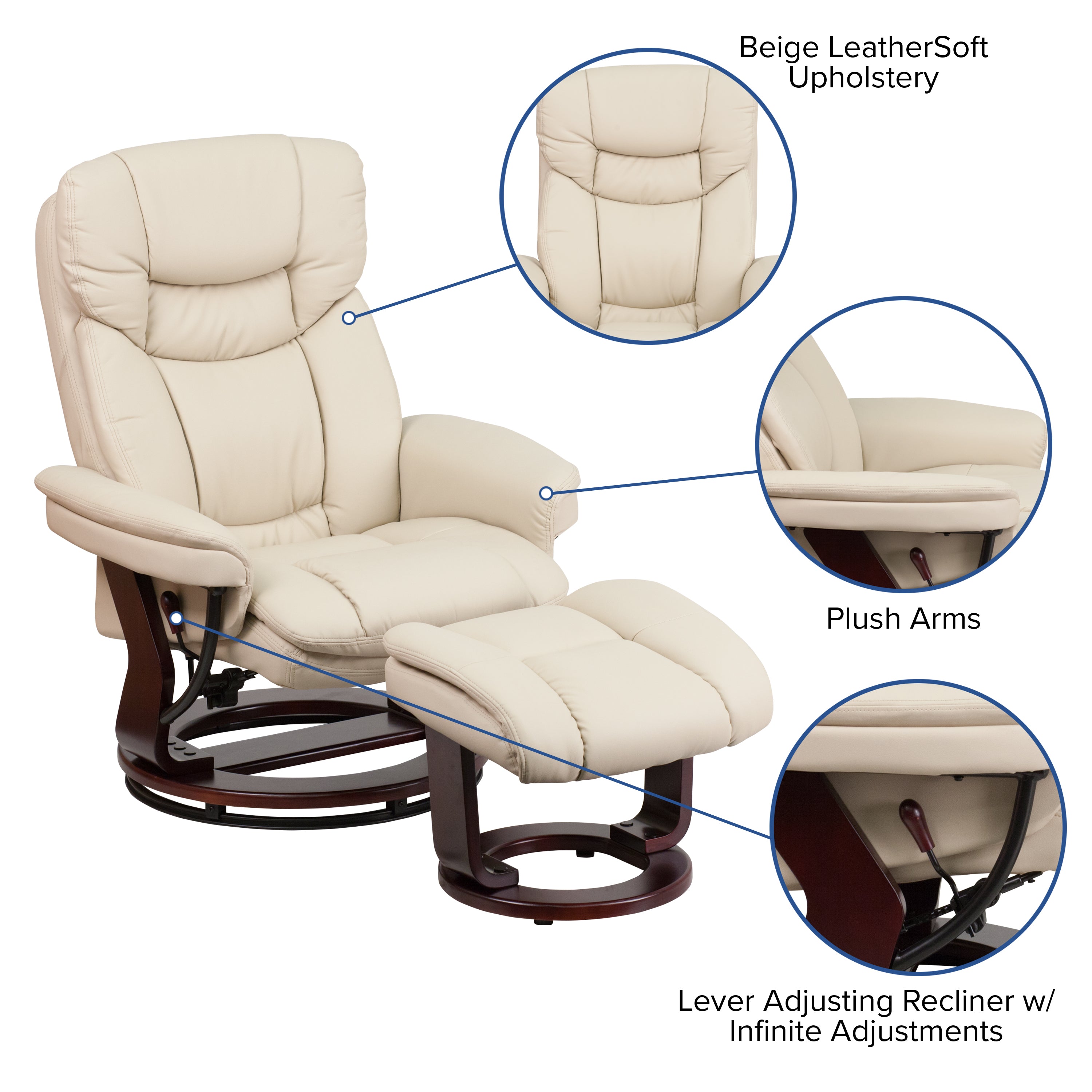 Allie Recliner Chair with Ottoman | Beige LeatherSoft Swivel Recliner Chair with Ottoman Footrest