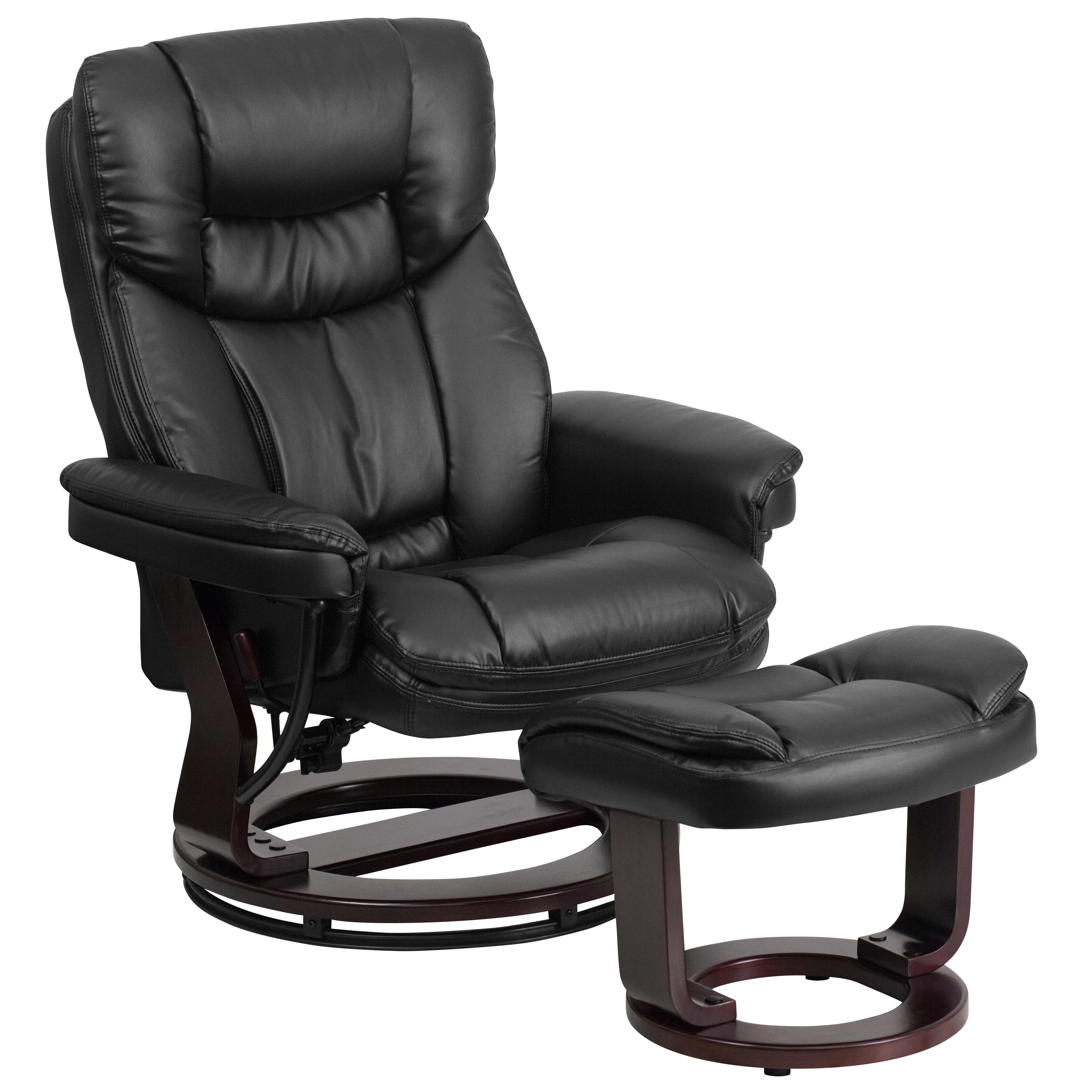 Allie Contemporary Multi-Position Recliner and Curved Ottoman with Swivel Mahogany Wood Base in Black LeatherSoft