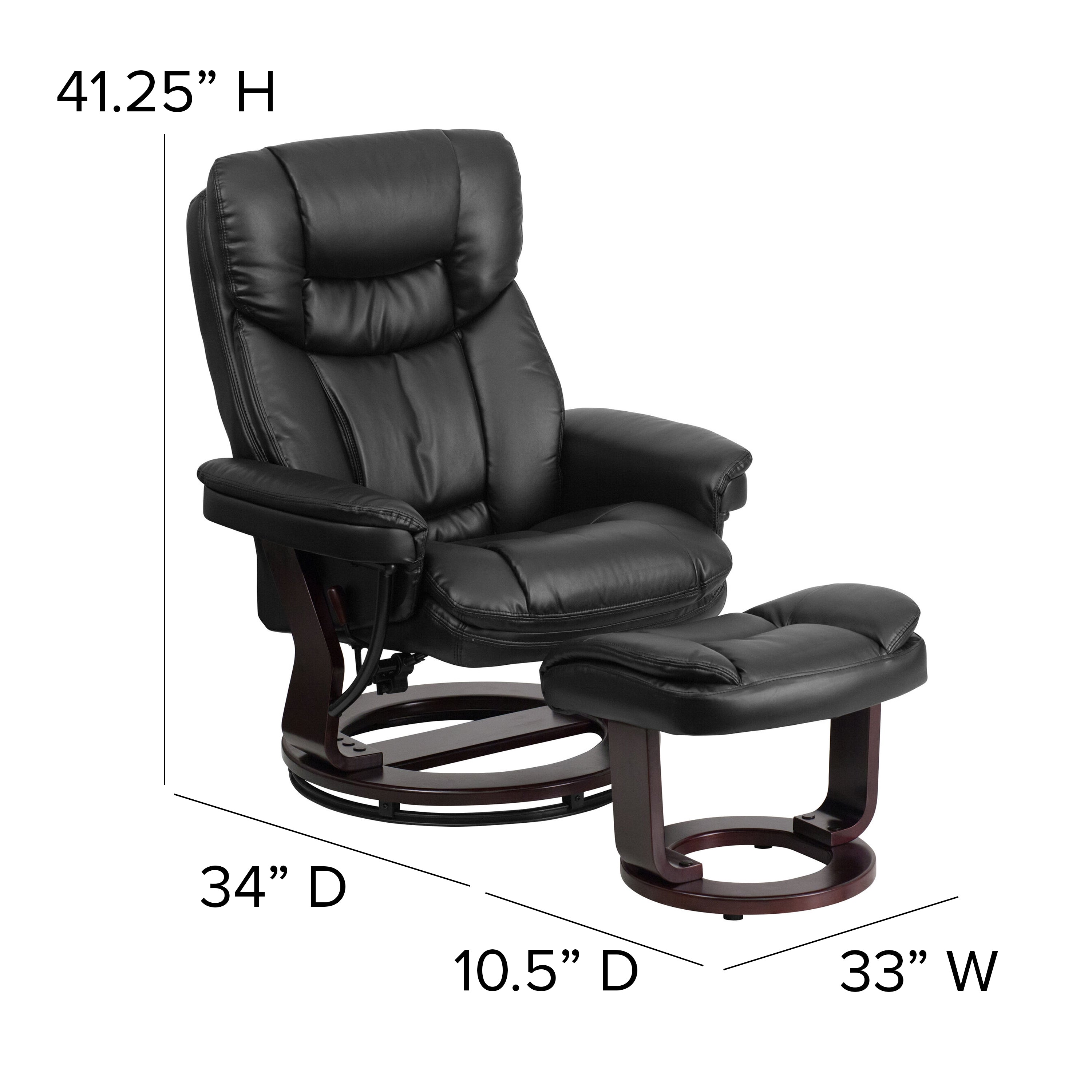 Allie Contemporary Multi-Position Recliner and Curved Ottoman with Swivel Mahogany Wood Base in Black LeatherSoft