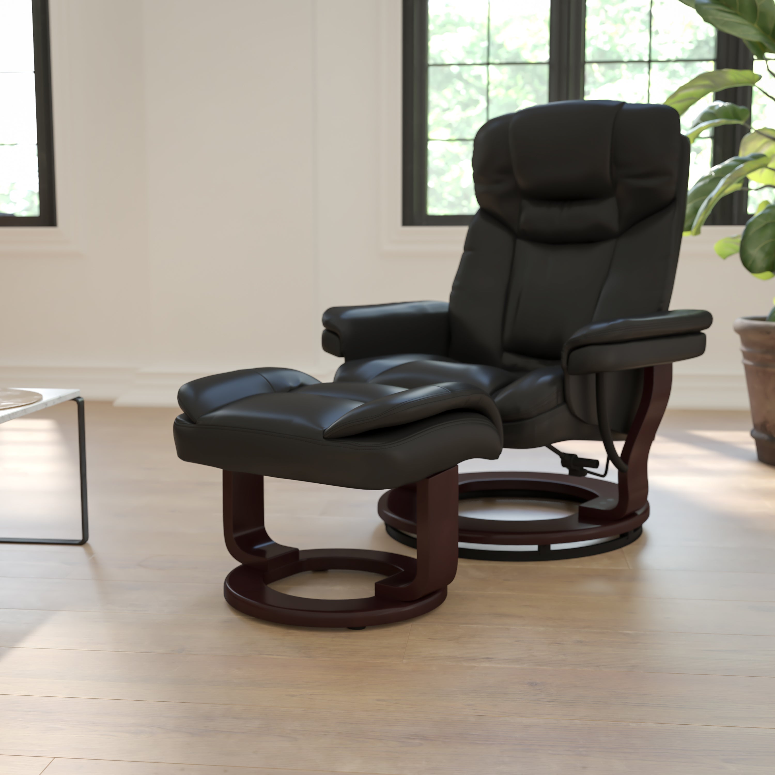 Allie Contemporary Multi-Position Recliner and Curved Ottoman with Swivel Mahogany Wood Base in Black LeatherSoft