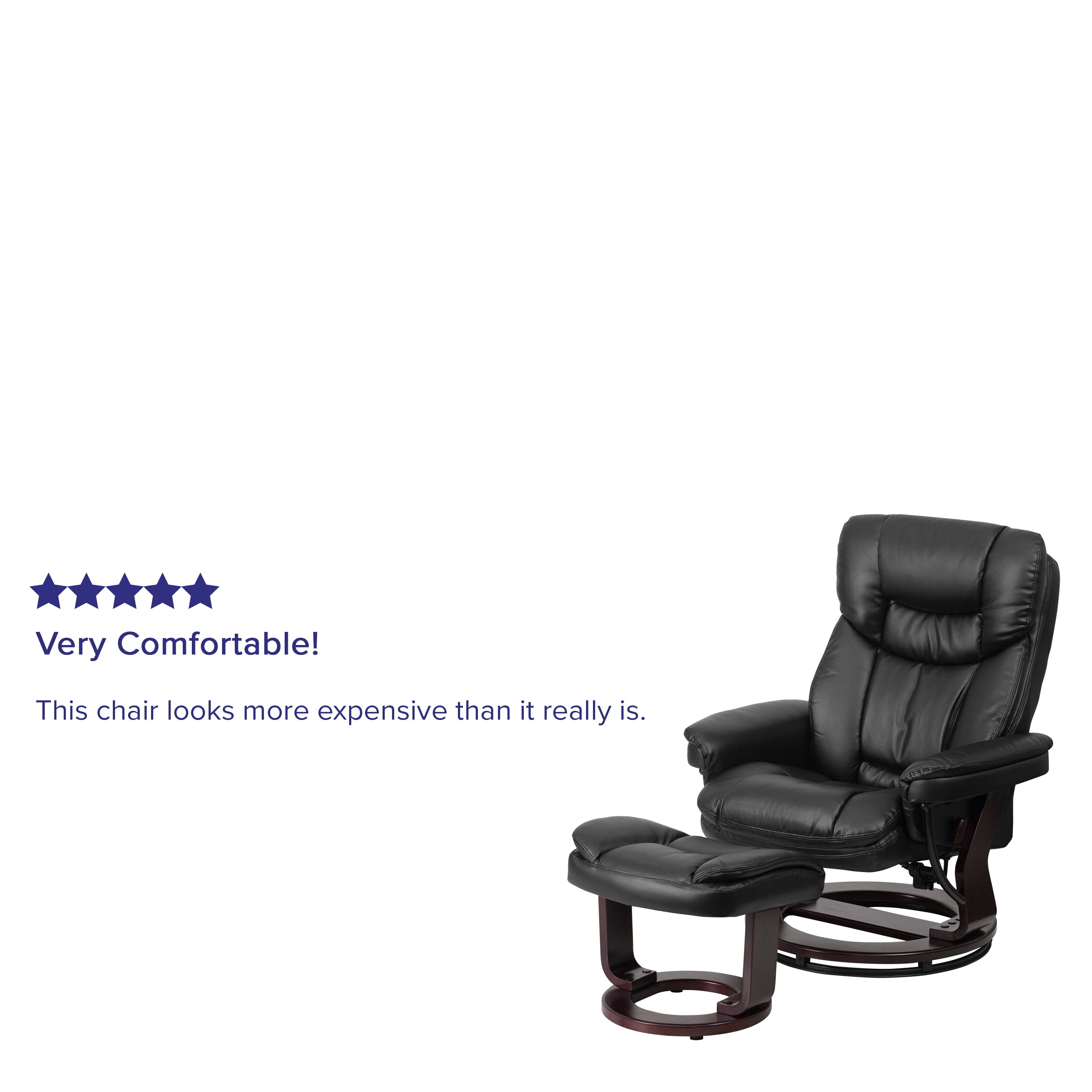 Allie Contemporary Multi-Position Recliner and Curved Ottoman with Swivel Mahogany Wood Base in Black LeatherSoft