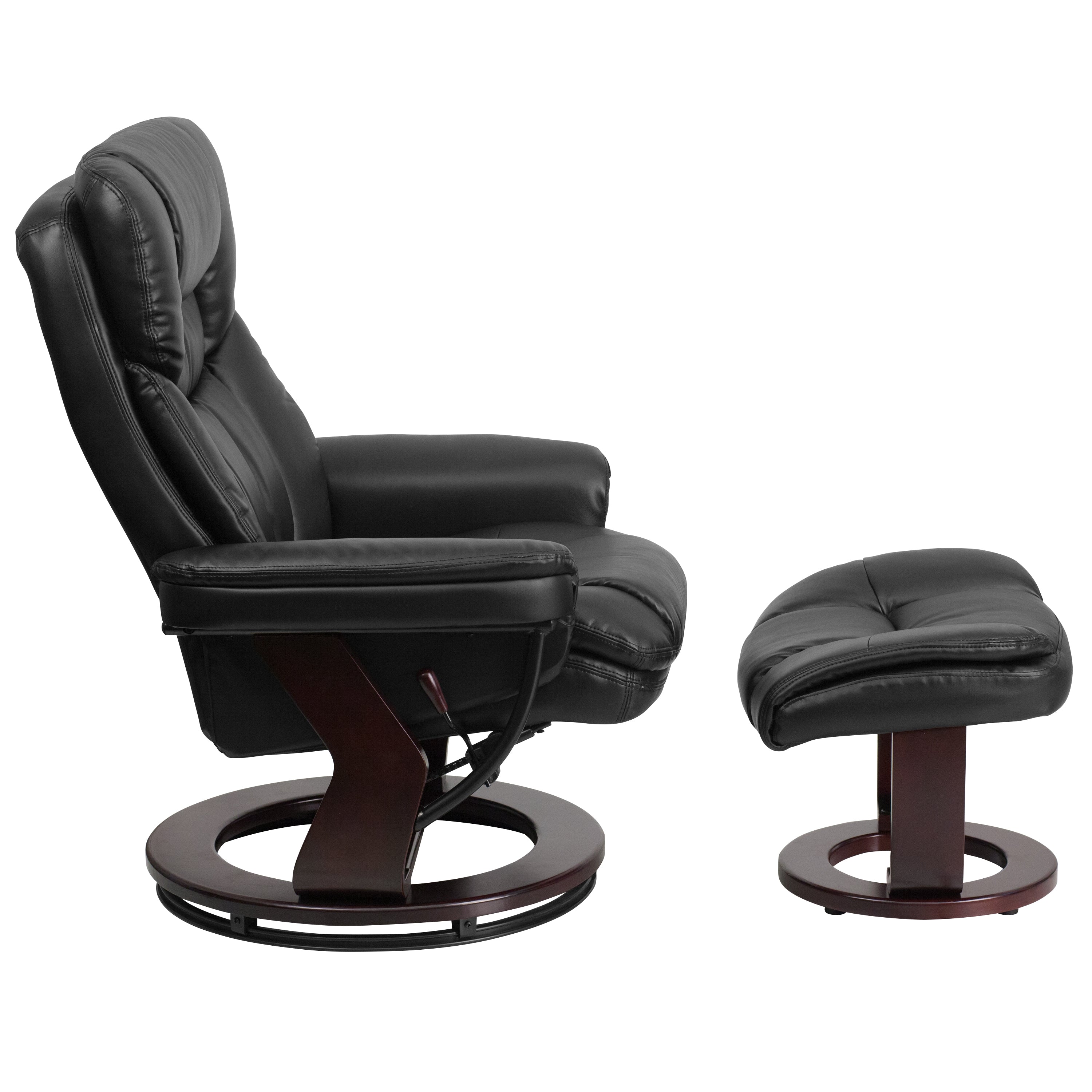 Allie Contemporary Multi-Position Recliner and Curved Ottoman with Swivel Mahogany Wood Base in Black LeatherSoft