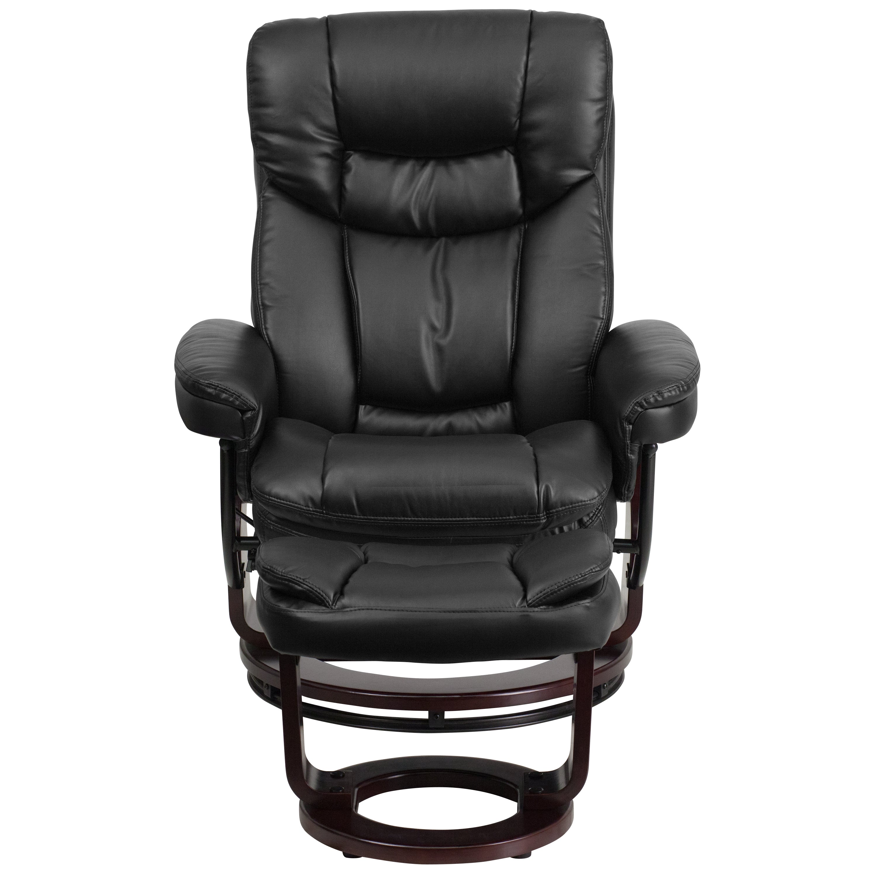 Allie Contemporary Multi-Position Recliner and Curved Ottoman with Swivel Mahogany Wood Base in Black LeatherSoft