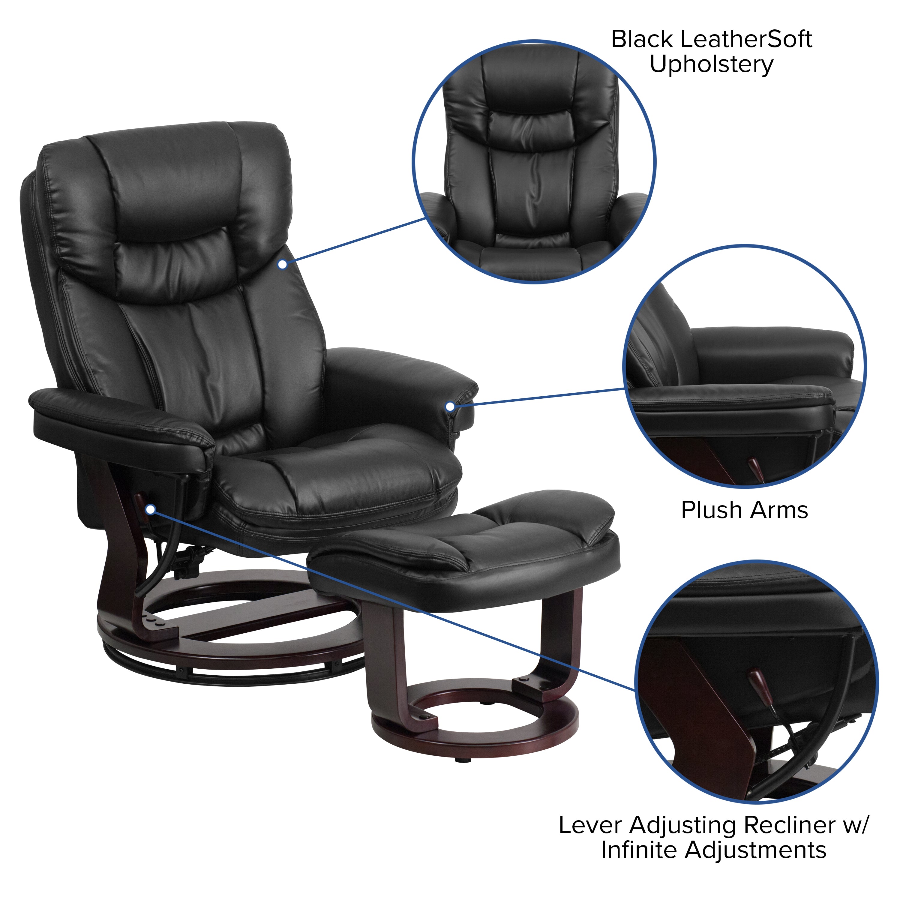 Allie Contemporary Multi-Position Recliner and Curved Ottoman with Swivel Mahogany Wood Base in Black LeatherSoft