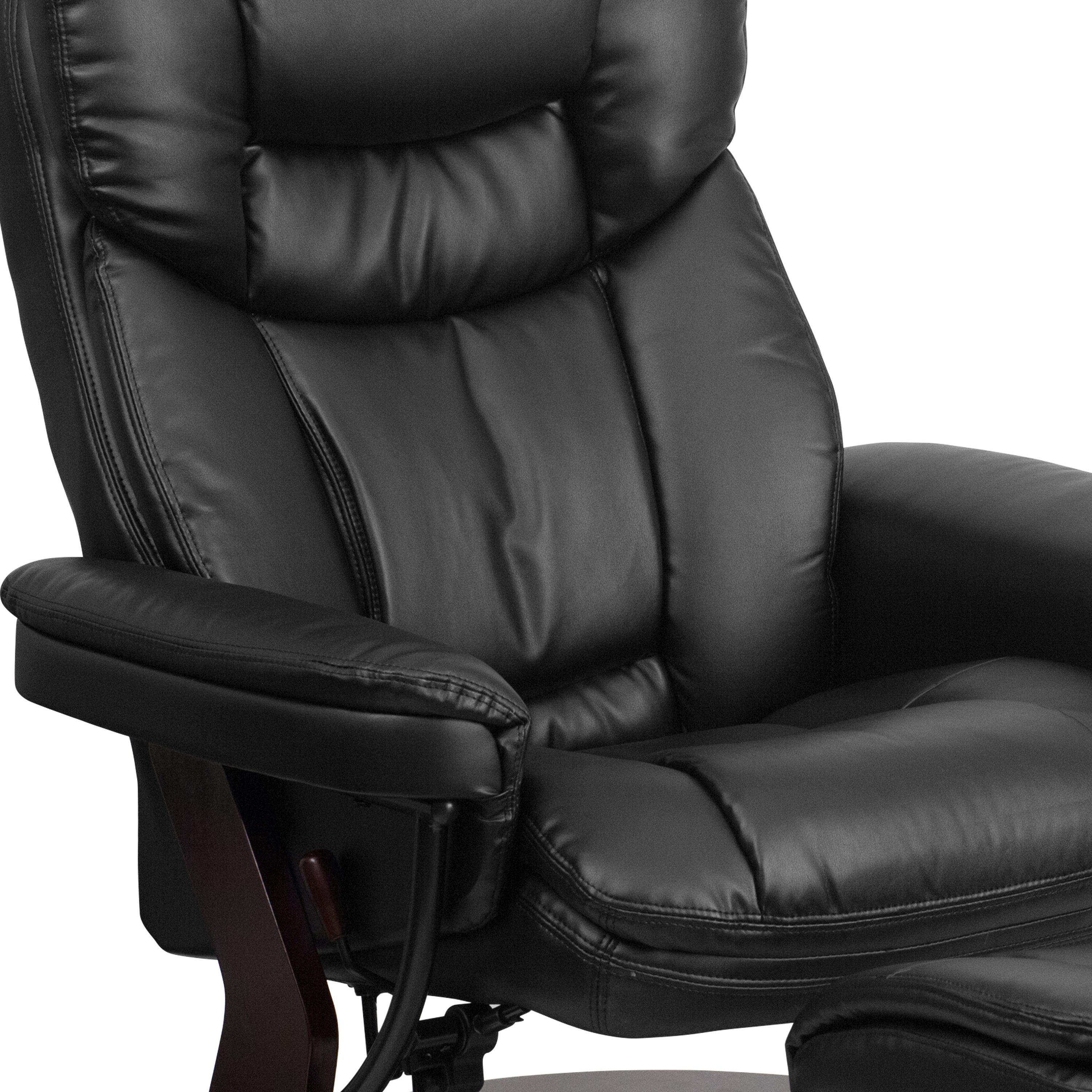 Allie Contemporary Multi-Position Recliner and Curved Ottoman with Swivel Mahogany Wood Base in Black LeatherSoft