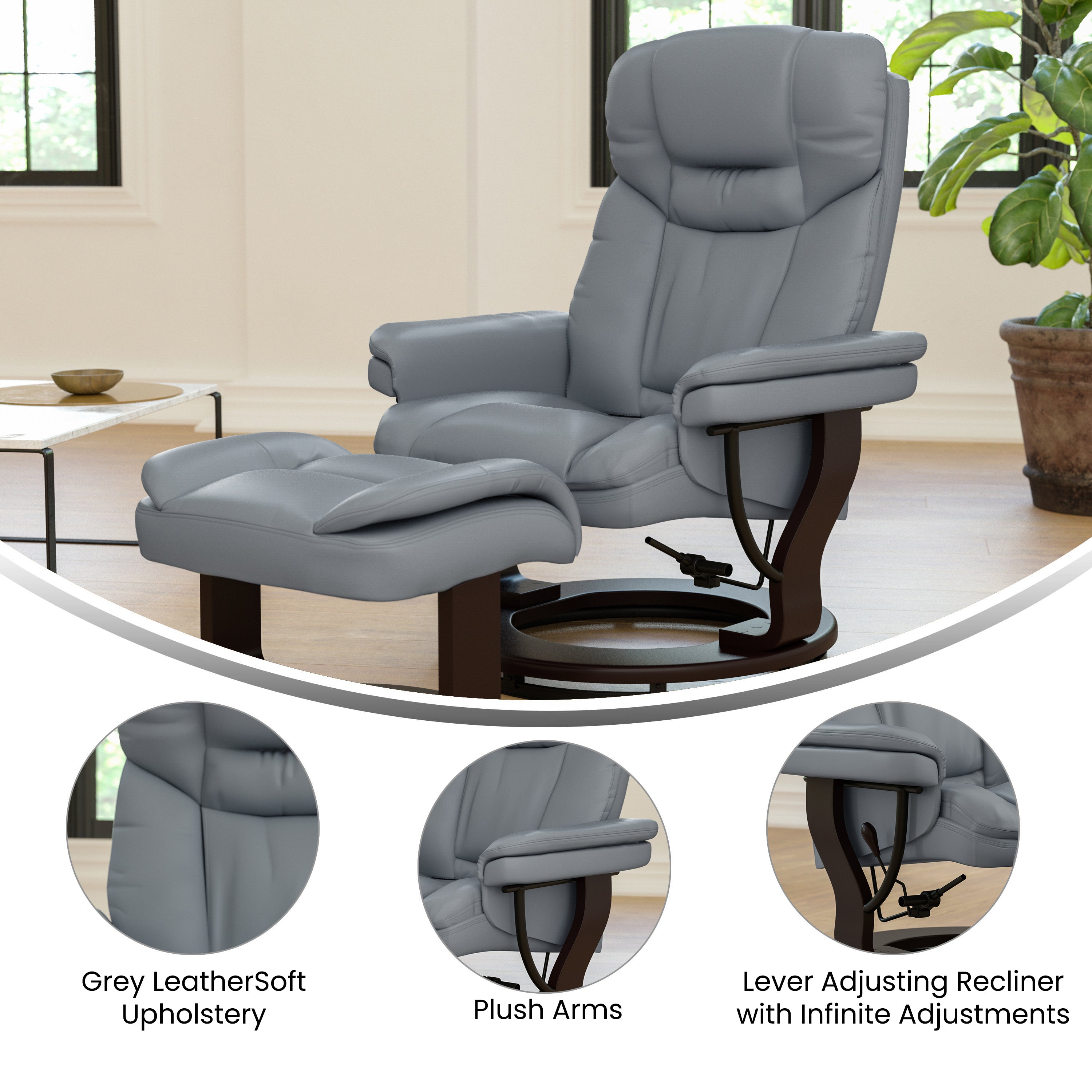 Allie Recliner Chair with Ottoman | Gray LeatherSoft Swivel Recliner Chair with Ottoman Footrest