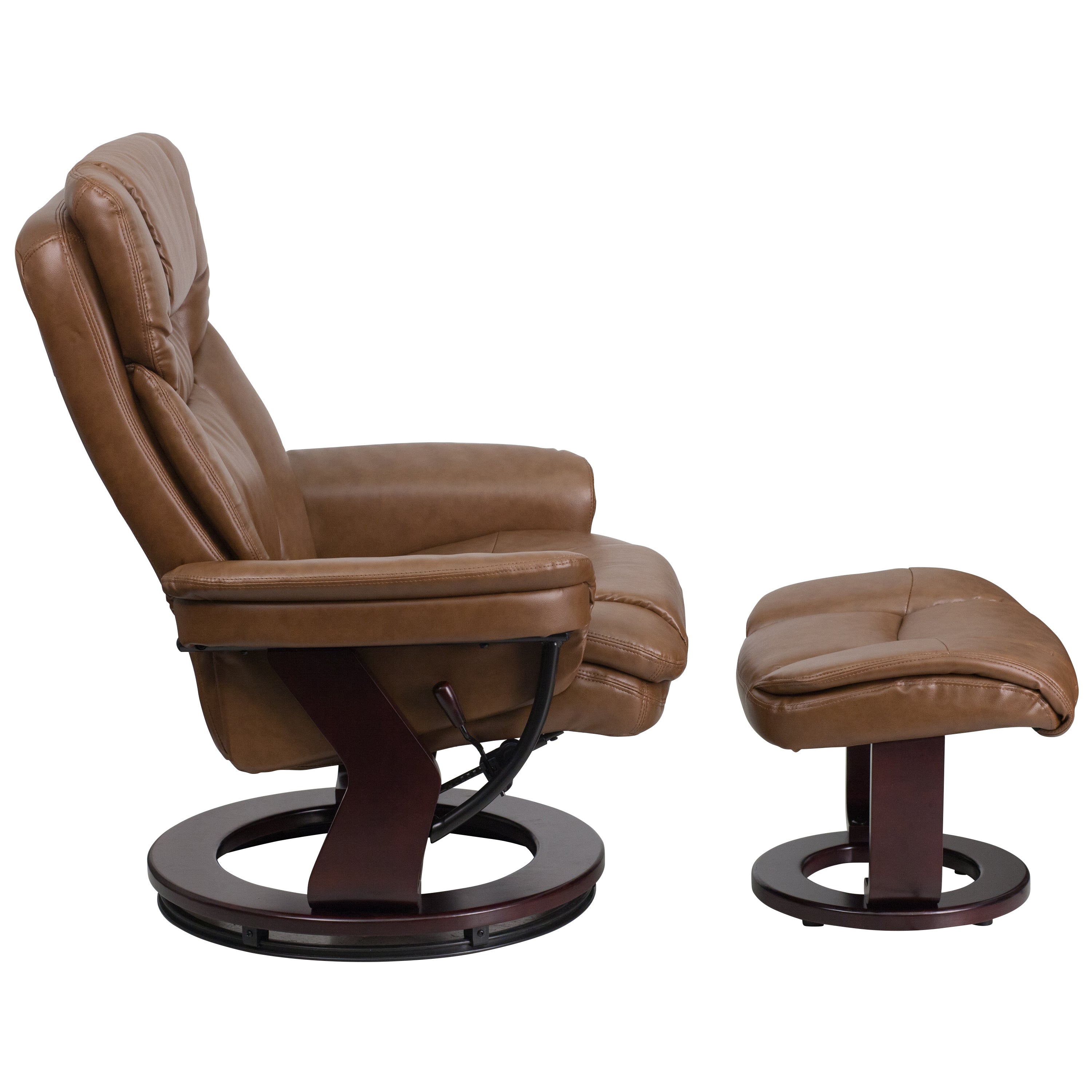 Allie Contemporary Multi-Position Recliner and Curved Ottoman with Swivel Mahogany Wood Base in Palimino LeatherSoft