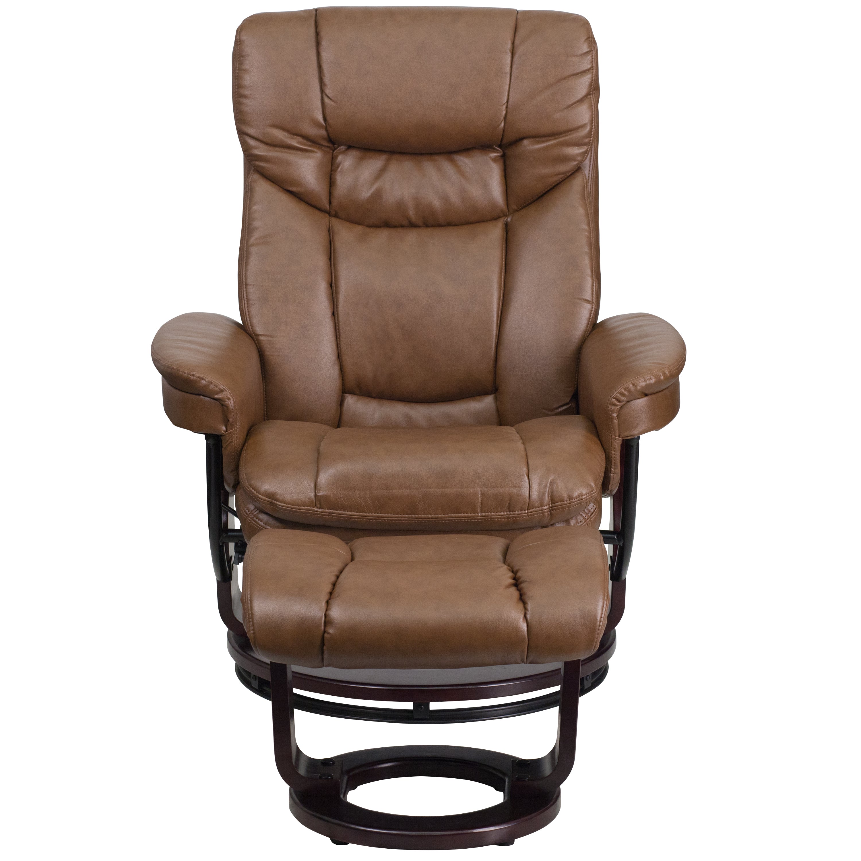 Allie Contemporary Multi-Position Recliner and Curved Ottoman with Swivel Mahogany Wood Base in Palimino LeatherSoft