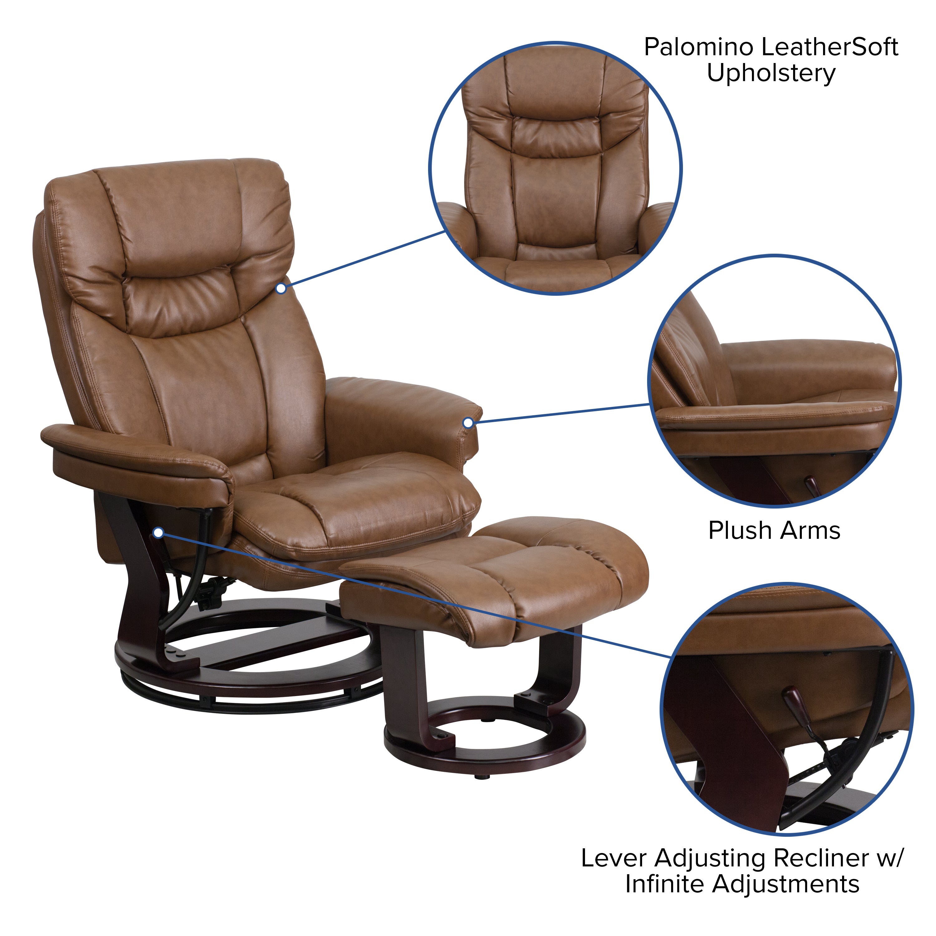 Allie Contemporary Multi-Position Recliner and Curved Ottoman with Swivel Mahogany Wood Base in Palimino LeatherSoft
