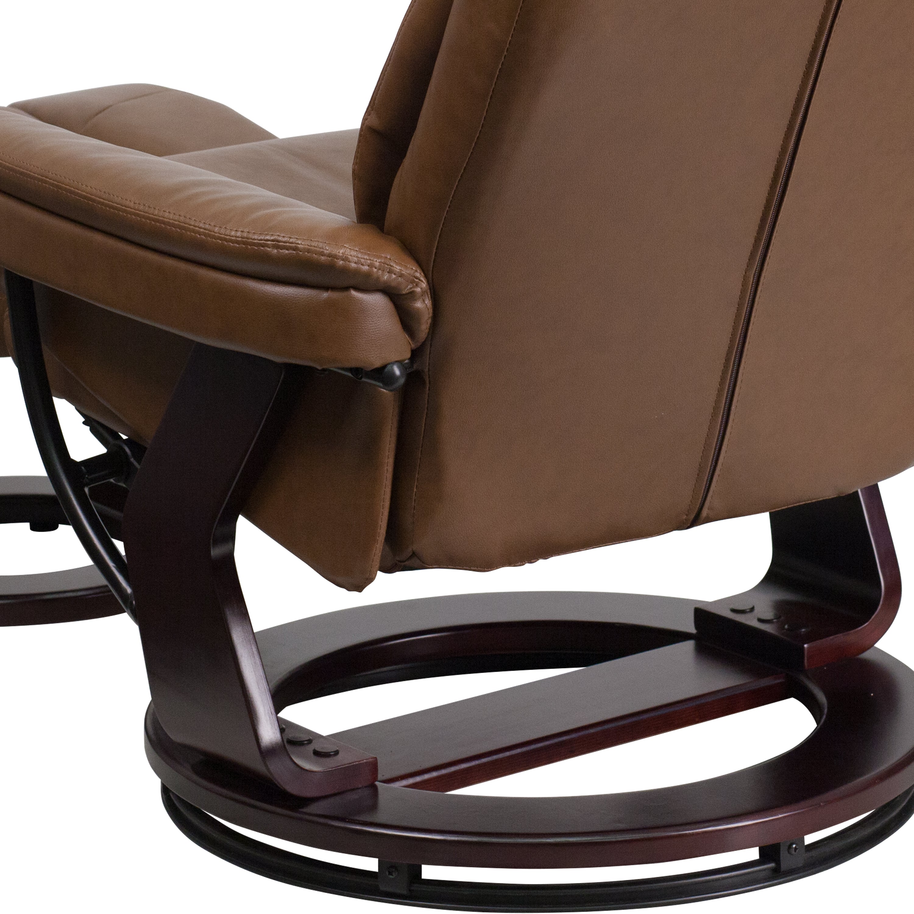 Allie Contemporary Multi-Position Recliner and Curved Ottoman with Swivel Mahogany Wood Base in Palimino LeatherSoft