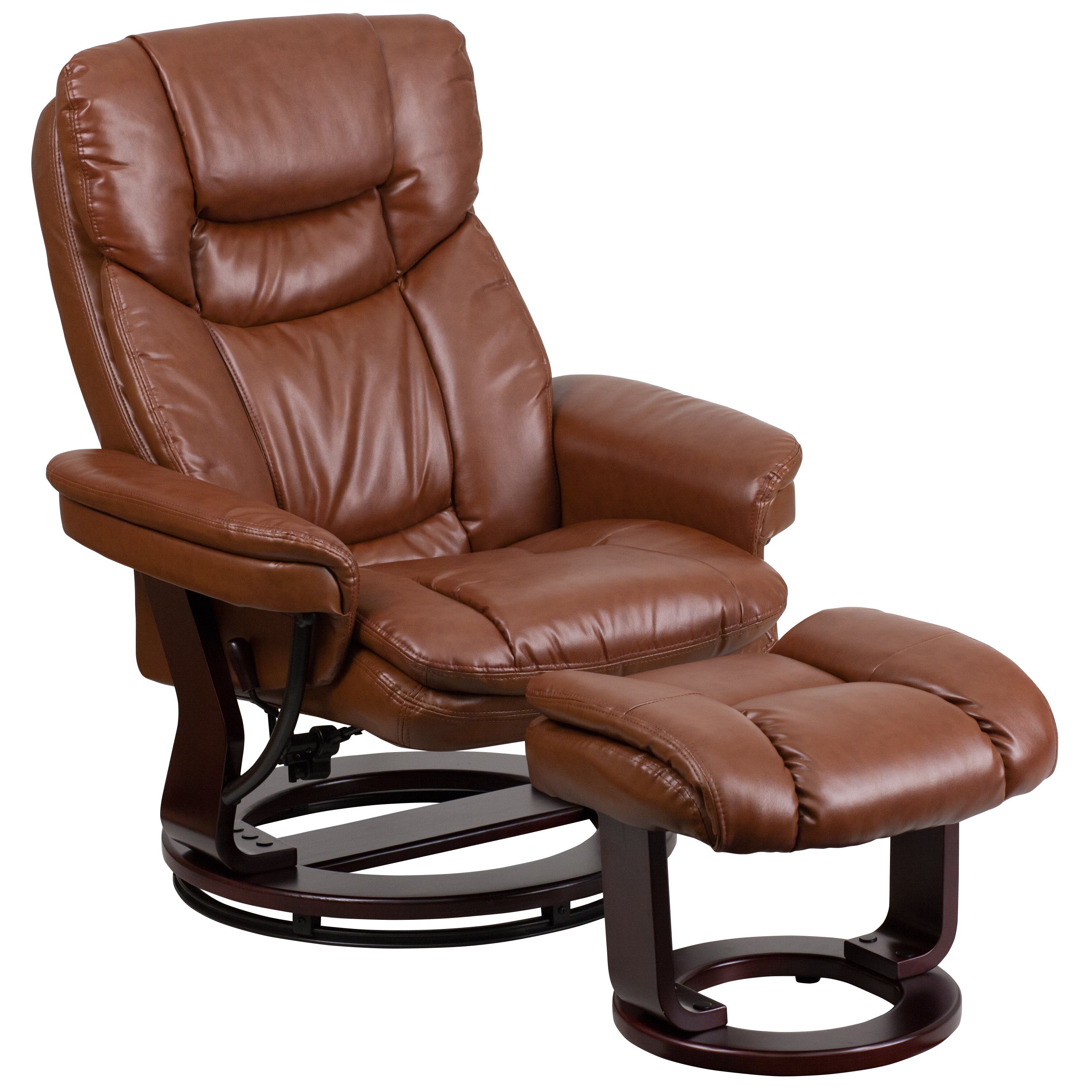 Allie Contemporary Multi-Position Recliner and Curved Ottoman with Swivel Mahogany Wood Base in Brown Vintage LeatherSoft