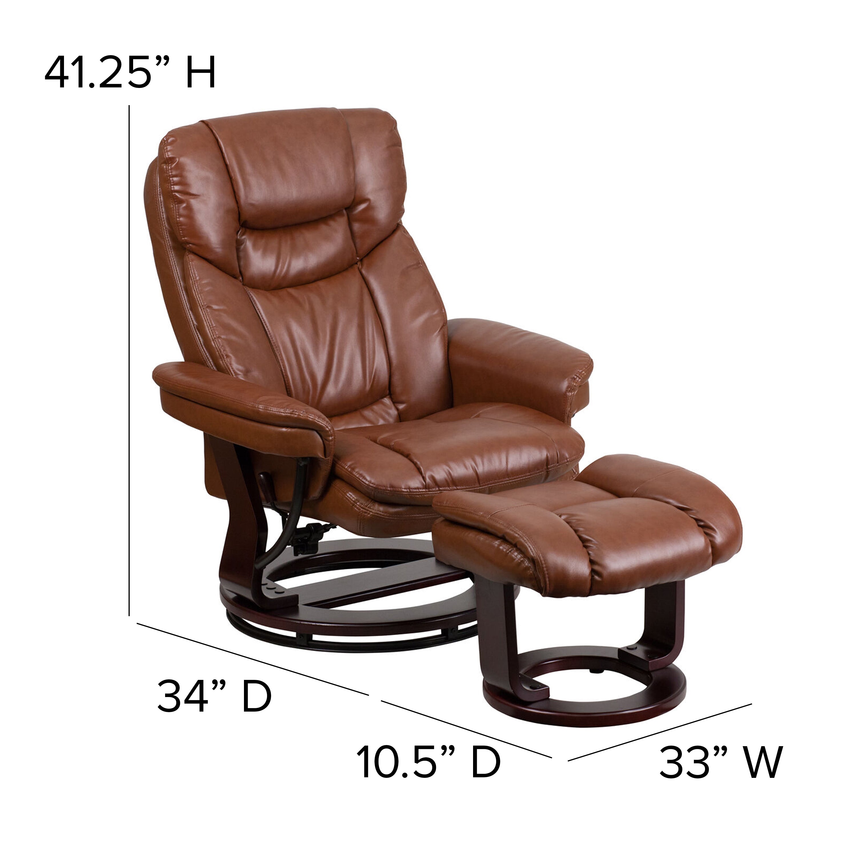 Allie Contemporary Multi-Position Recliner and Curved Ottoman with Swivel Mahogany Wood Base in Brown Vintage LeatherSoft
