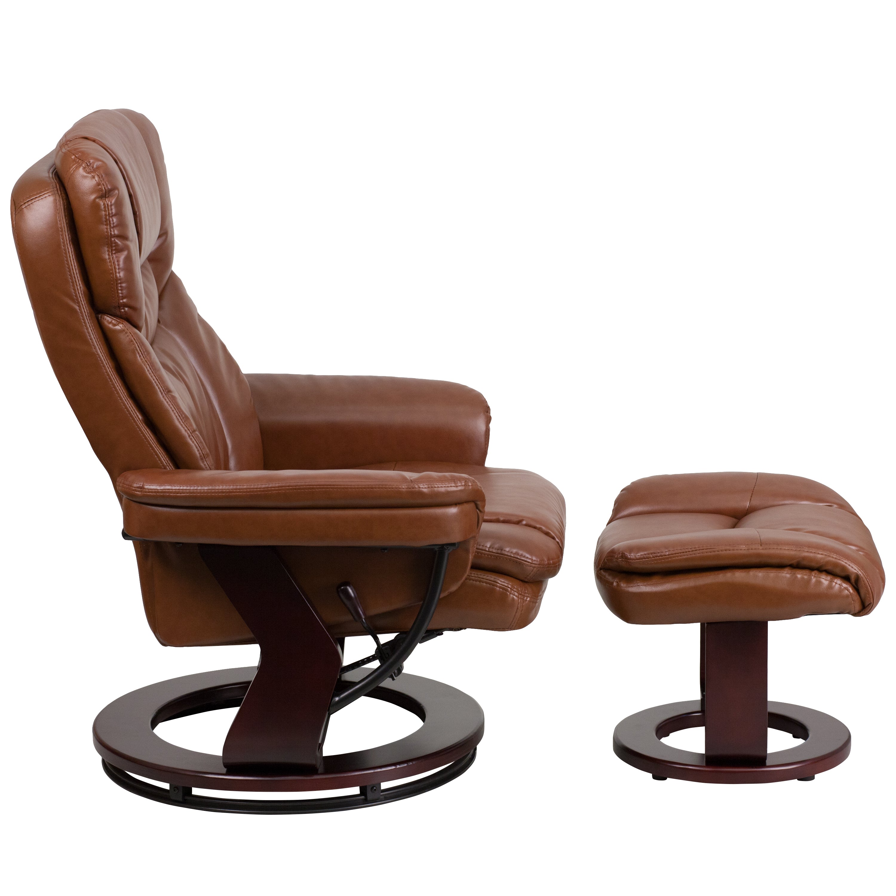 Allie Contemporary Multi-Position Recliner and Curved Ottoman with Swivel Mahogany Wood Base in Brown Vintage LeatherSoft