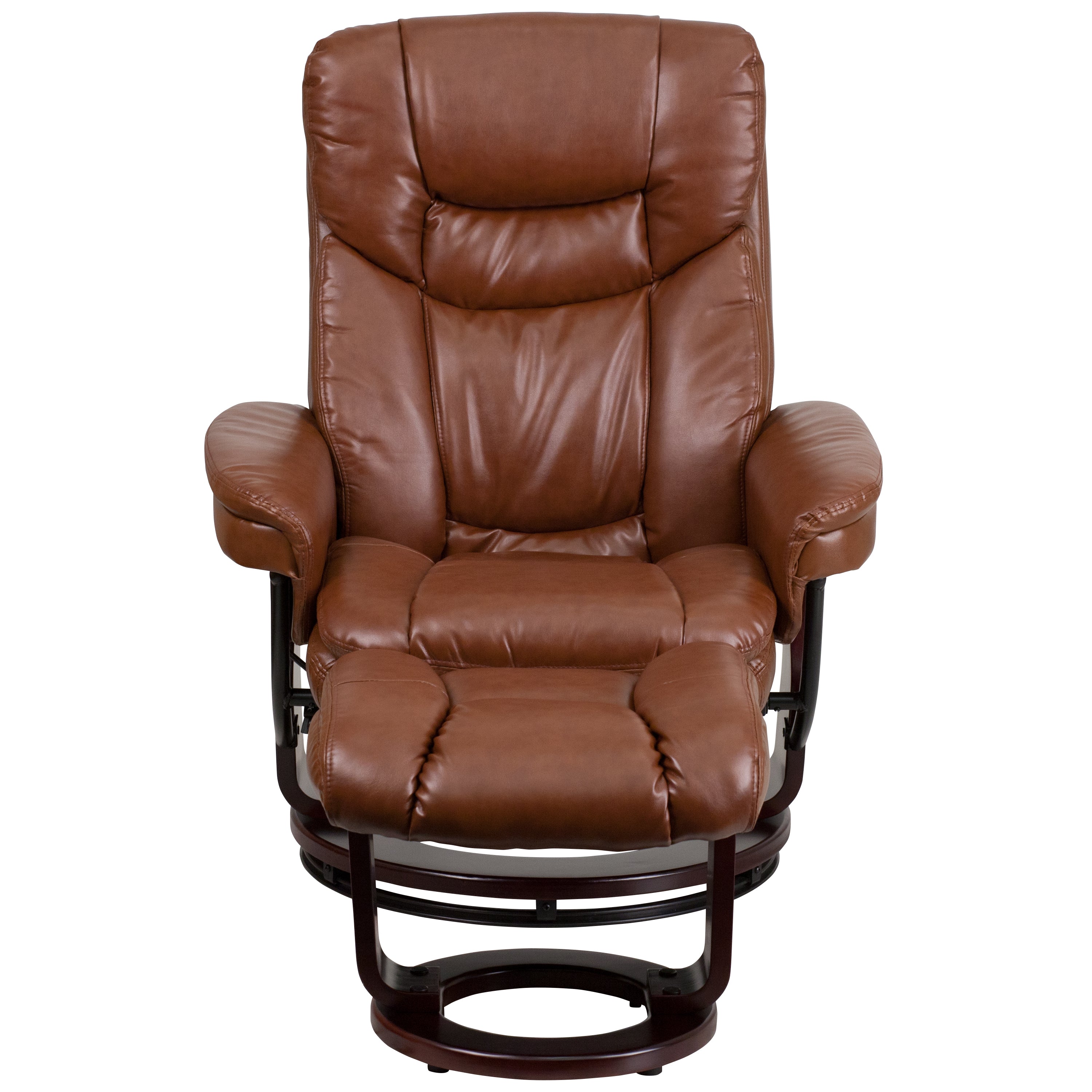 Allie Contemporary Multi-Position Recliner and Curved Ottoman with Swivel Mahogany Wood Base in Brown Vintage LeatherSoft