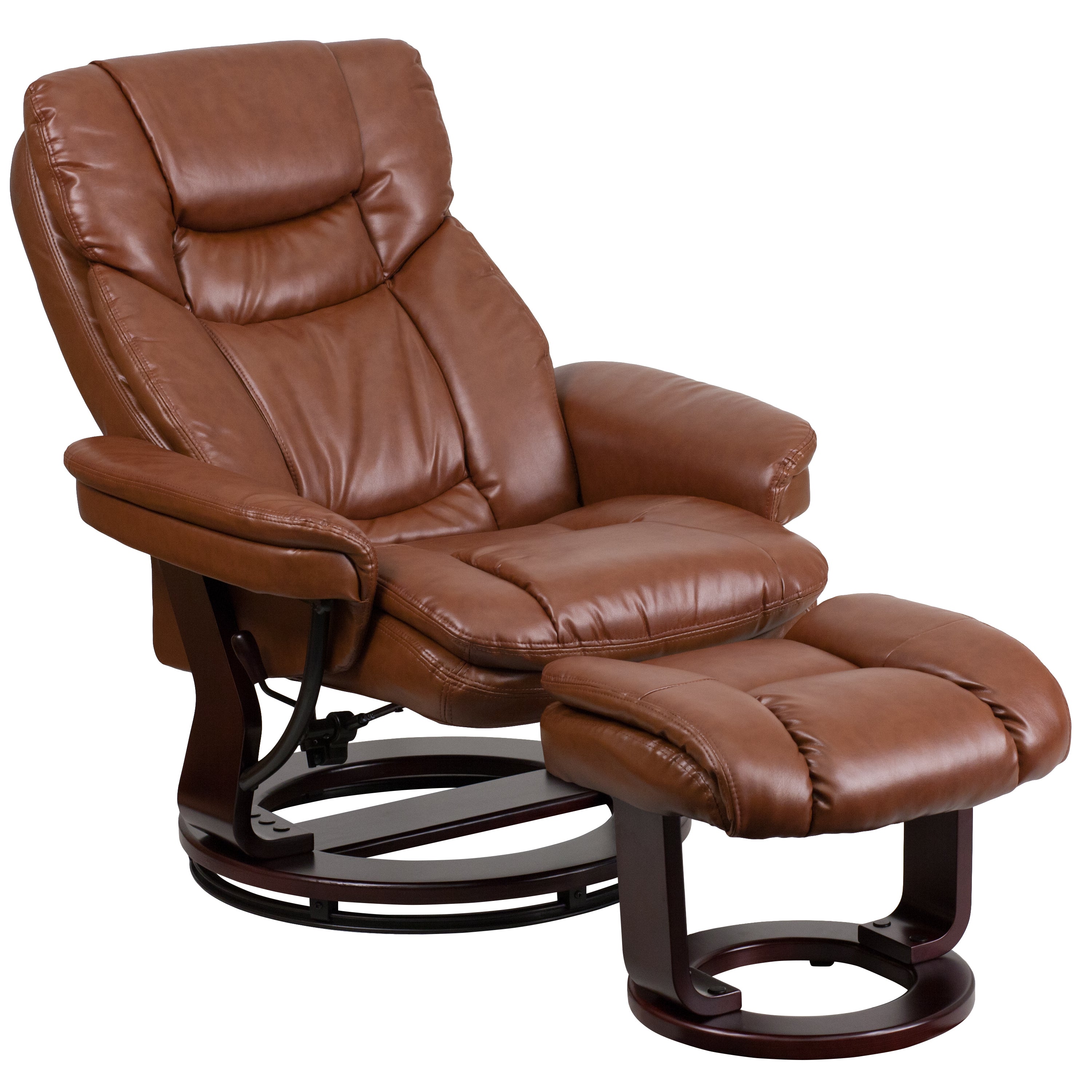 Allie Contemporary Multi-Position Recliner and Curved Ottoman with Swivel Mahogany Wood Base in Brown Vintage LeatherSoft