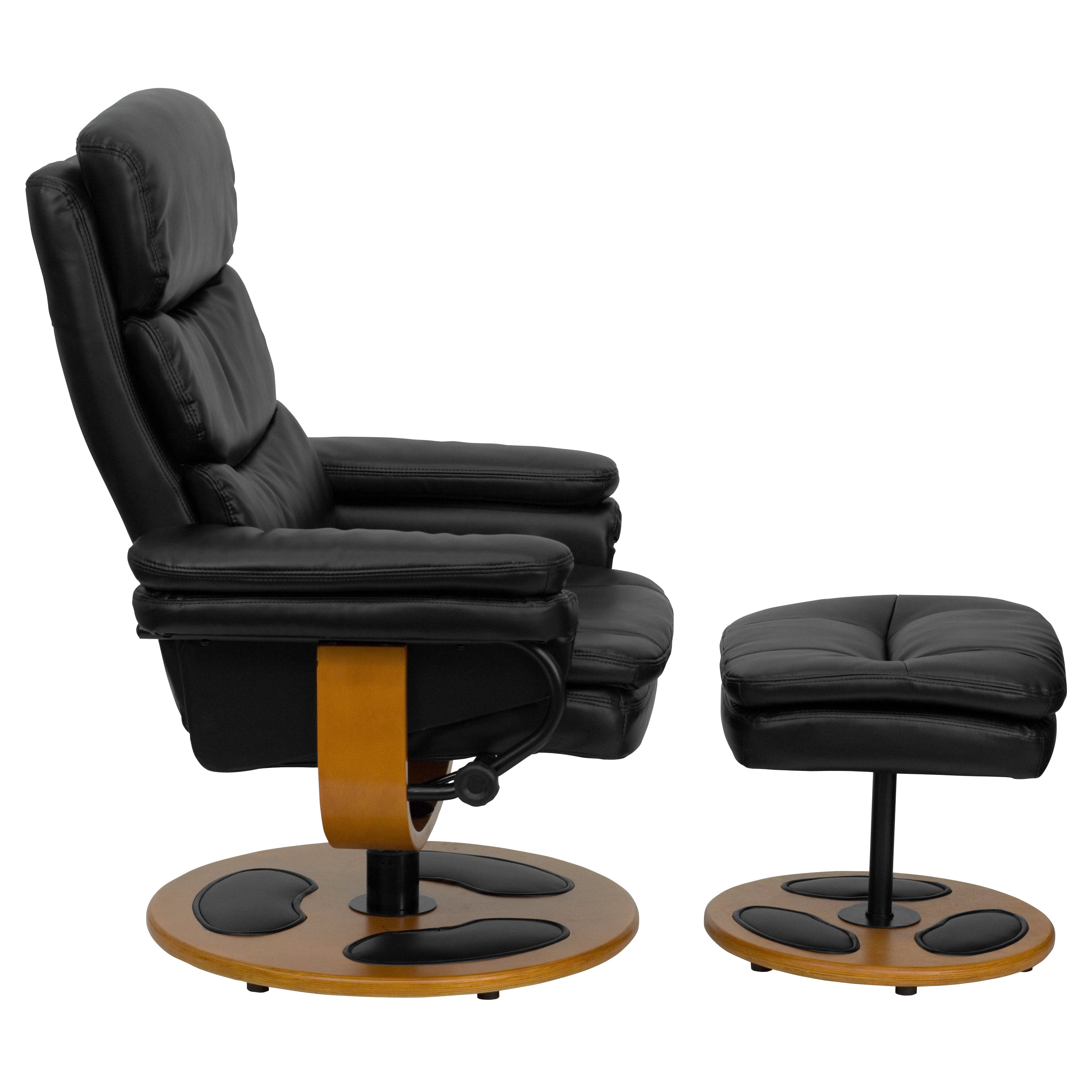 Whitney Contemporary Multi-Position Recliner and Ottoman with Wood Base in Black LeatherSoft