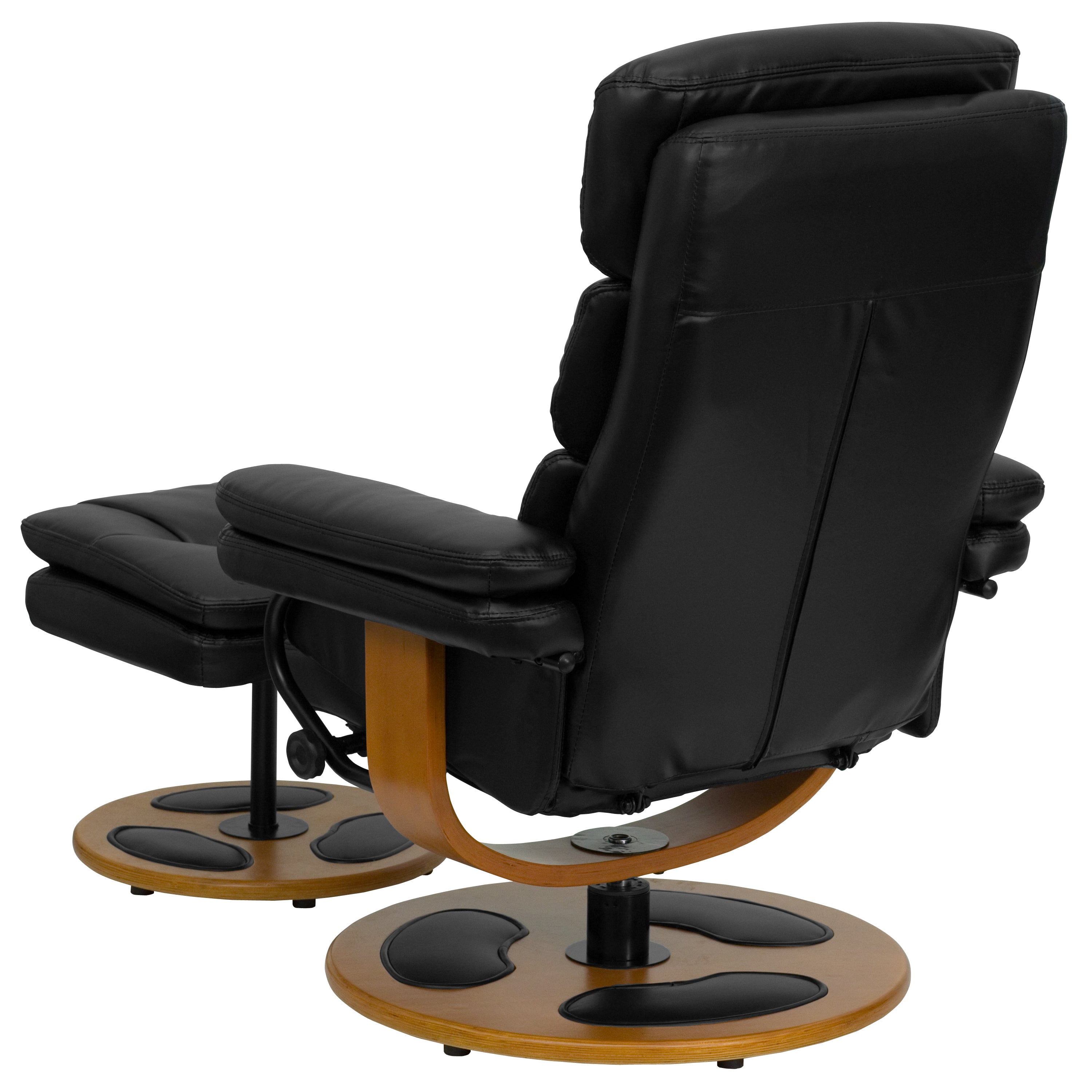 Whitney Contemporary Multi-Position Recliner and Ottoman with Wood Base in Black LeatherSoft