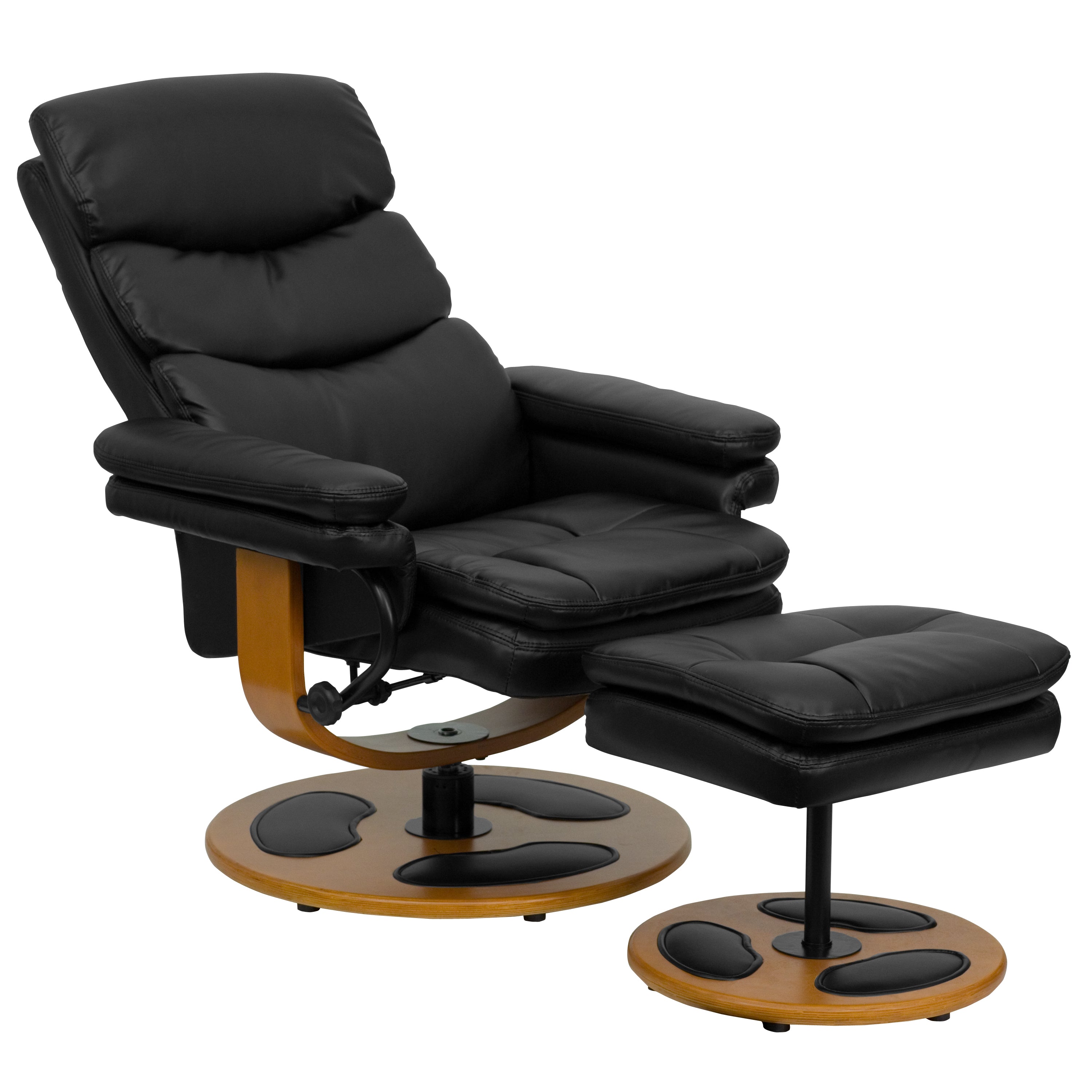 Whitney Contemporary Multi-Position Recliner and Ottoman with Wood Base in Black LeatherSoft