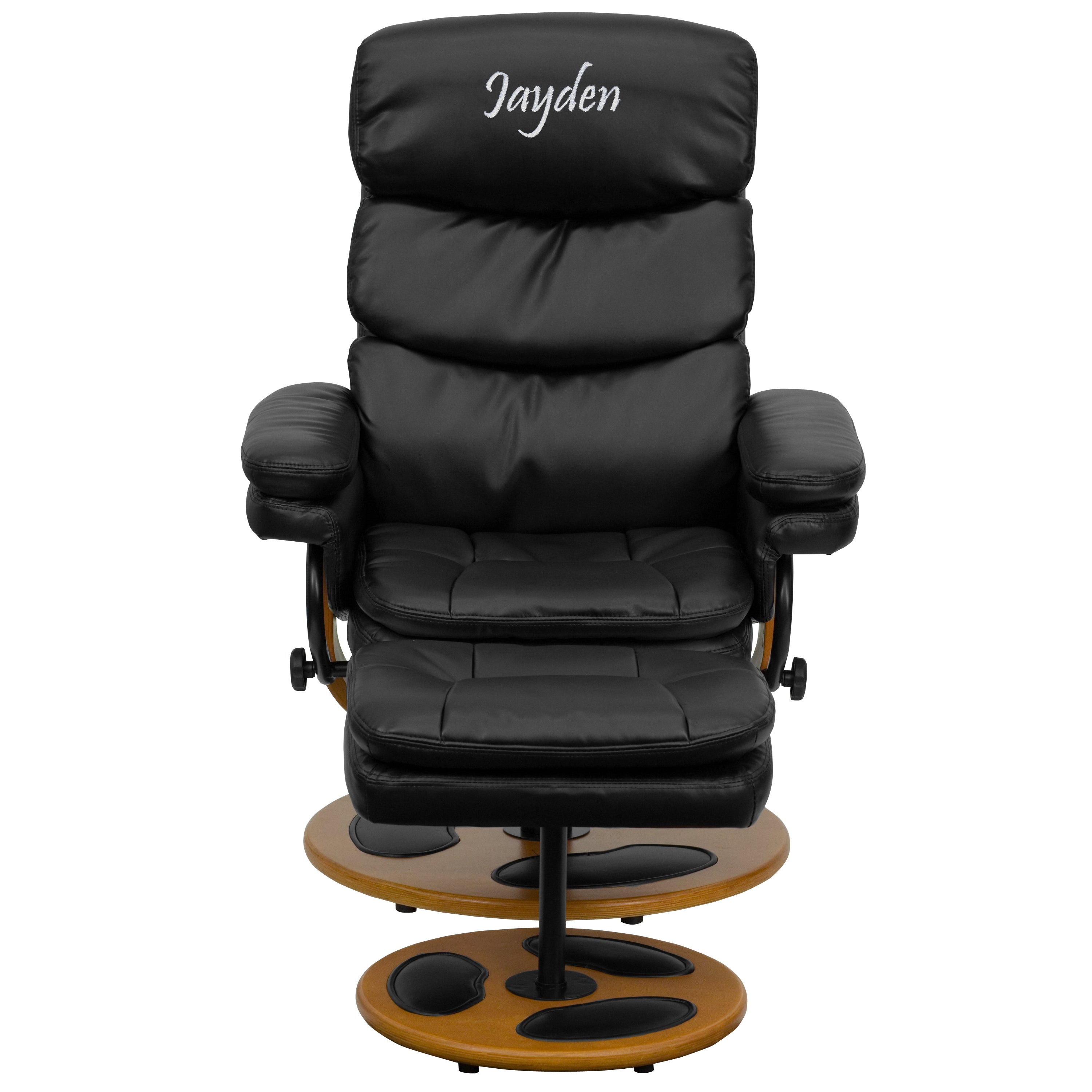 Whitney Personalized Contemporary Multi-Position Recliner and Ottoman with Wood Base in Black LeatherSoft