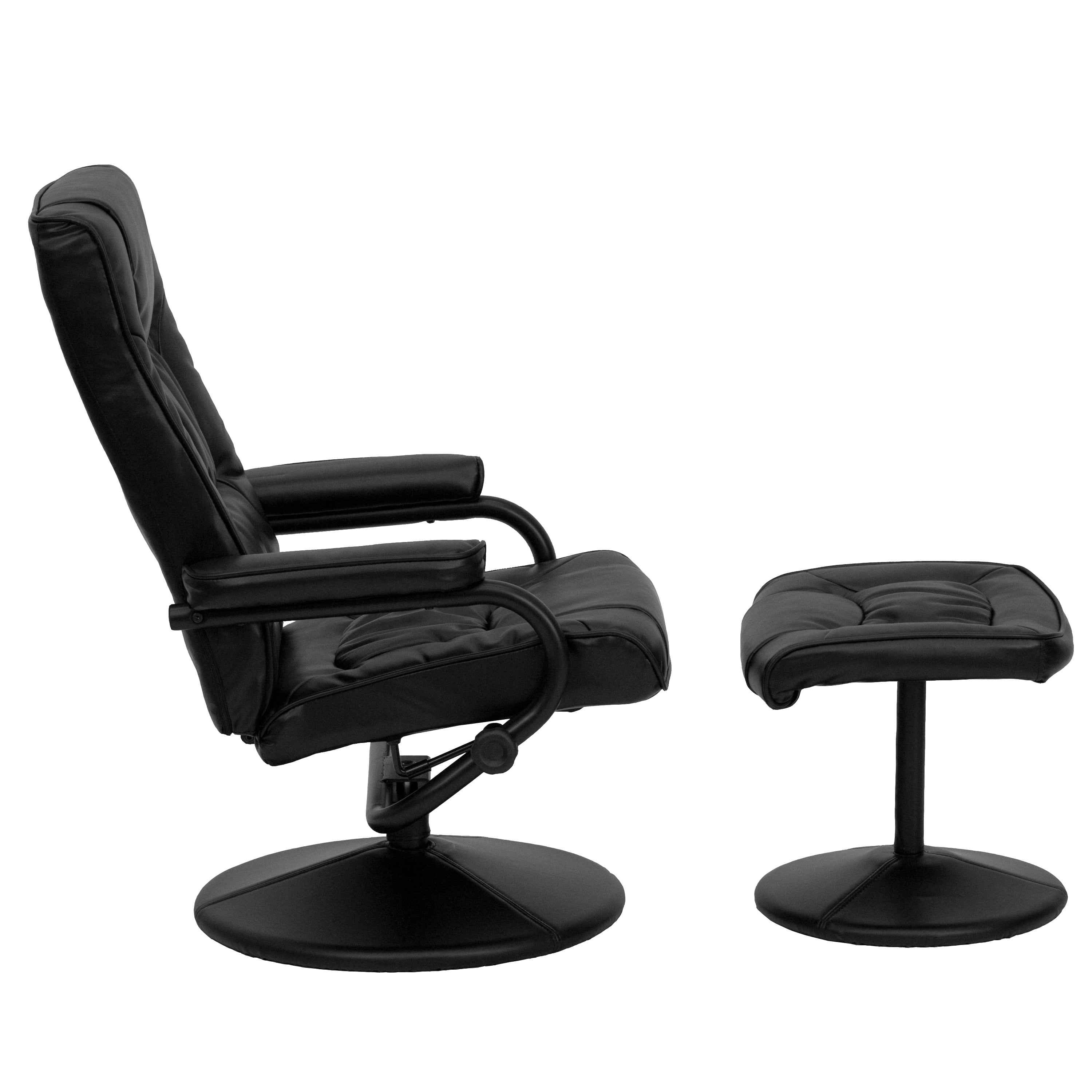 Rachel Contemporary Multi-Position Recliner and Ottoman with Wrapped Base in Black LeatherSoft