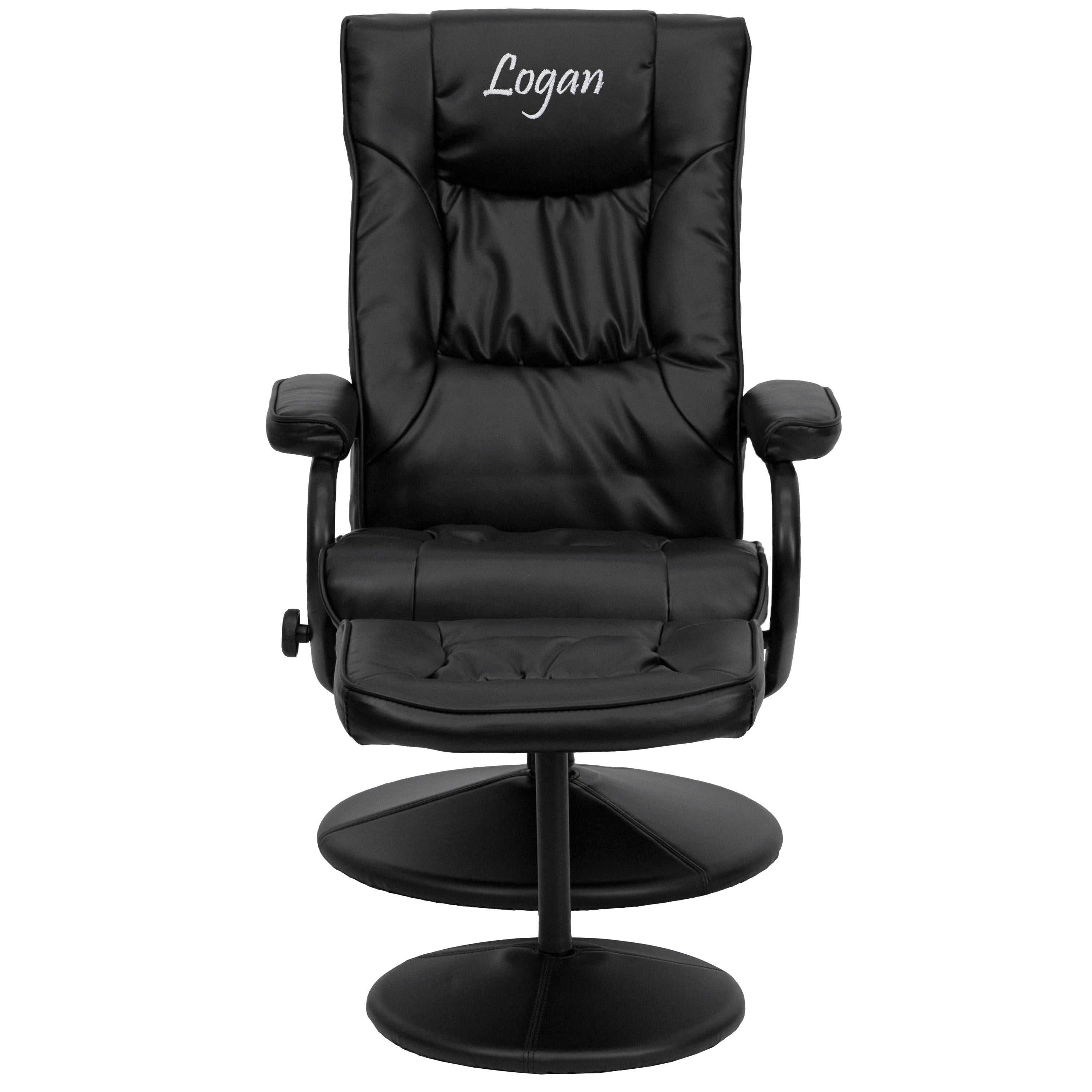 Rachel Personalized Contemporary Multi-Position Recliner and Ottoman with Wrapped Base in Black LeatherSoft