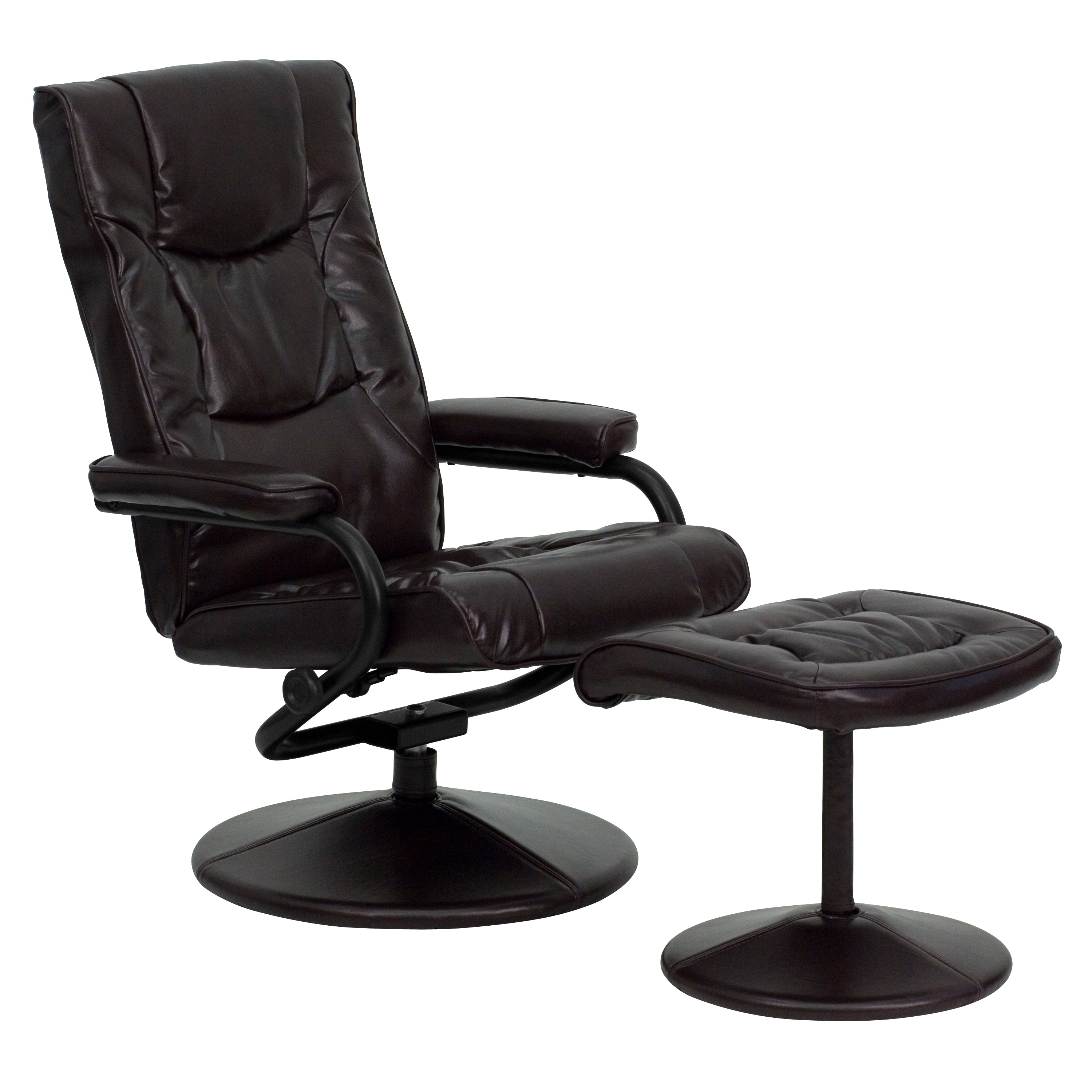 Rachel Contemporary Multi-Position Recliner and Ottoman with Wrapped Base in Brown LeatherSoft