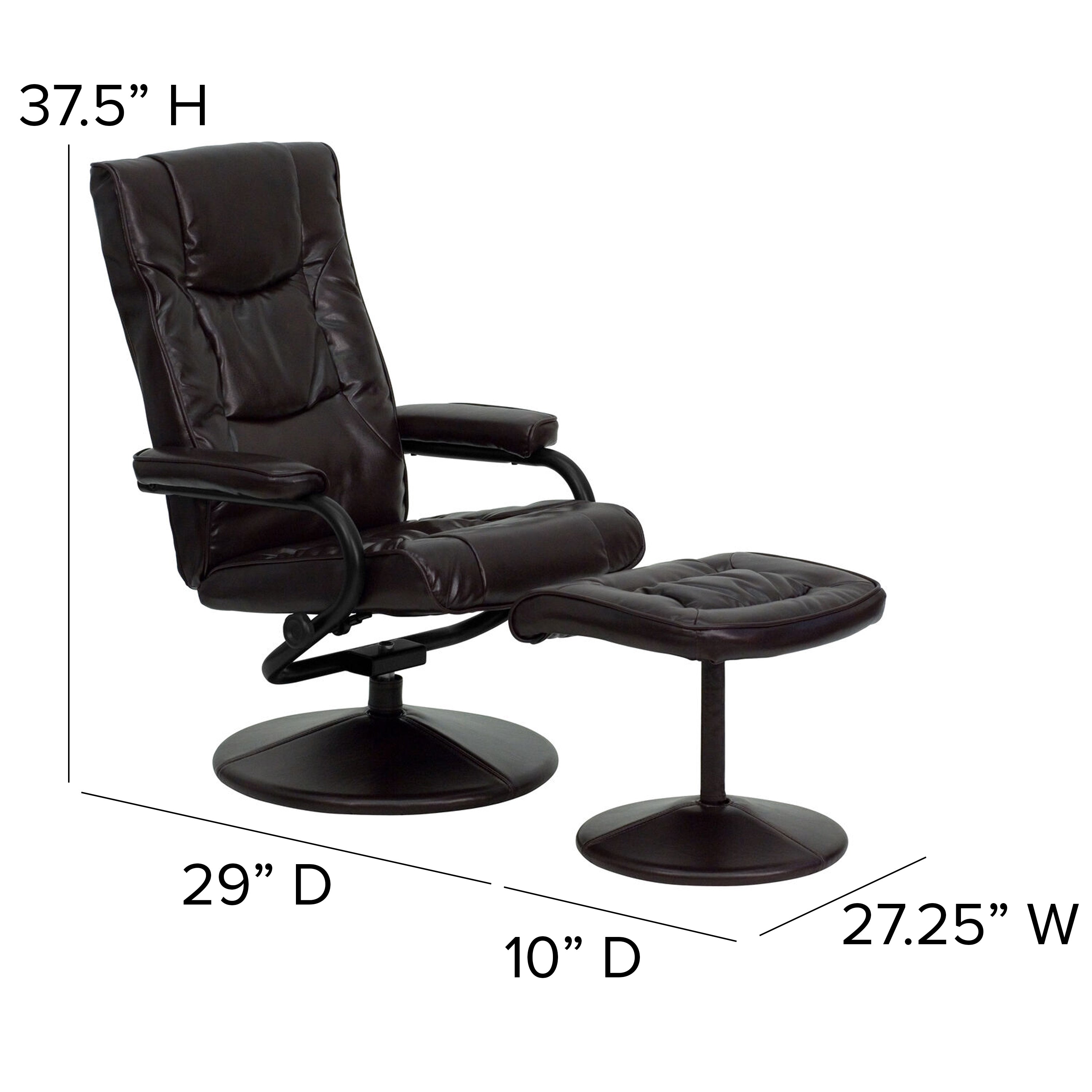 Rachel Contemporary Multi-Position Recliner and Ottoman with Wrapped Base in Brown LeatherSoft