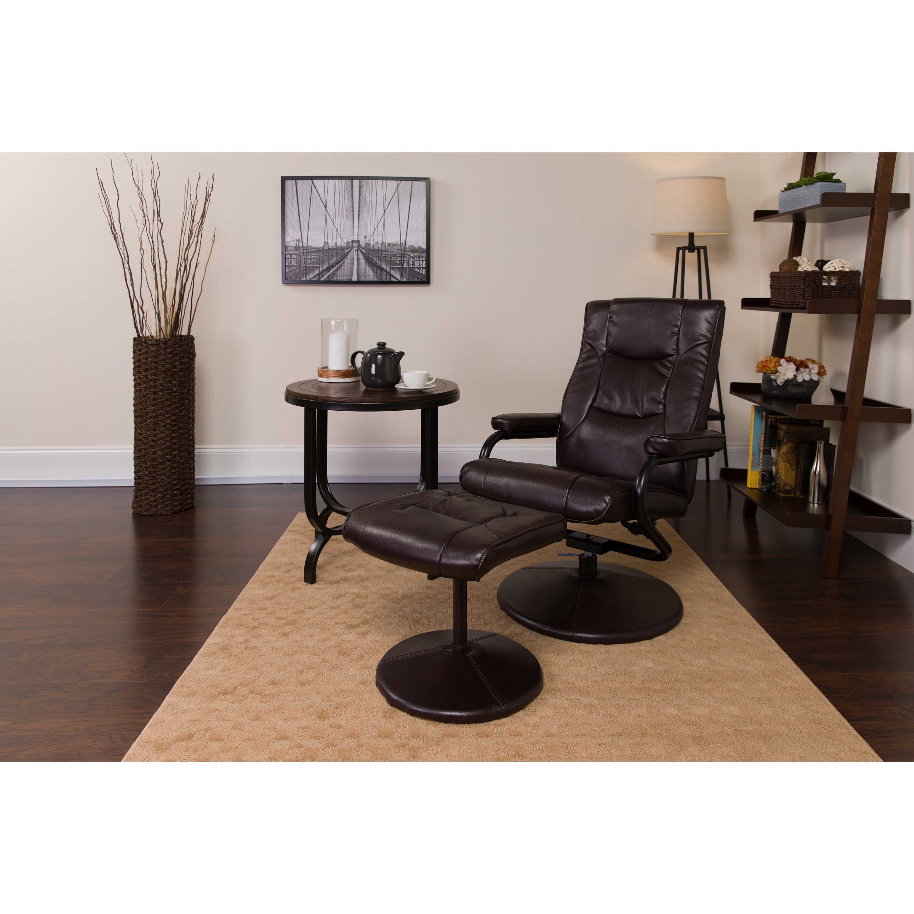 Rachel Contemporary Multi-Position Recliner and Ottoman with Wrapped Base in Brown LeatherSoft