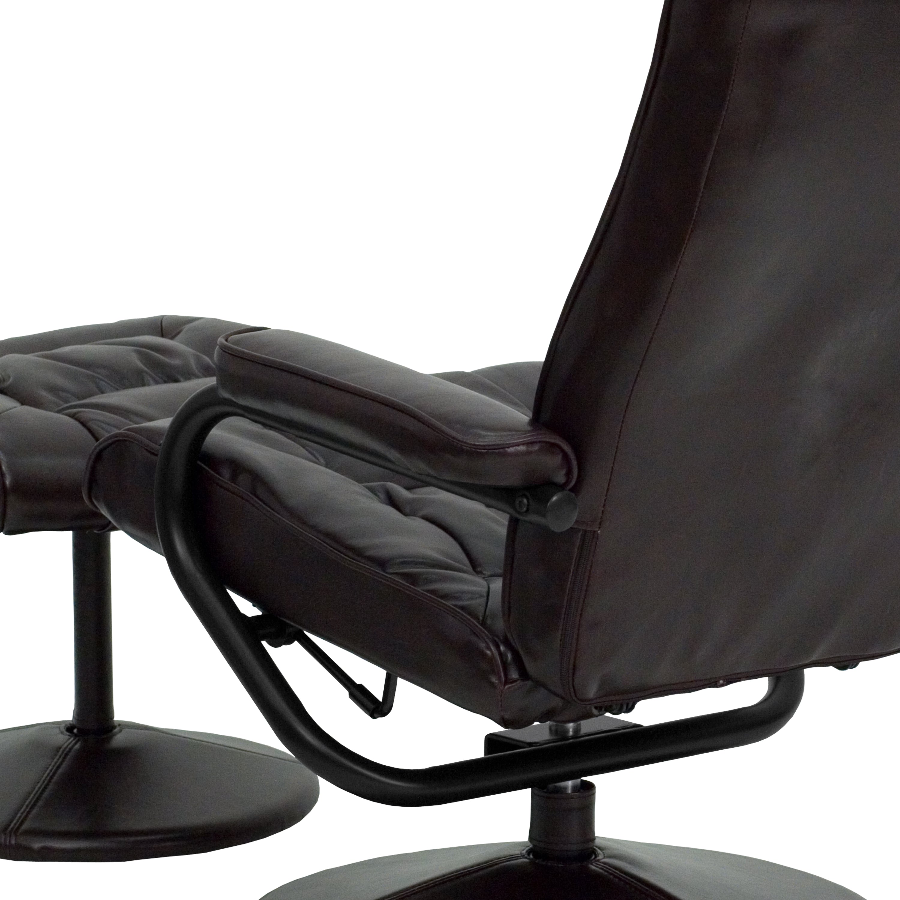 Rachel Contemporary Multi-Position Recliner and Ottoman with Wrapped Base in Brown LeatherSoft