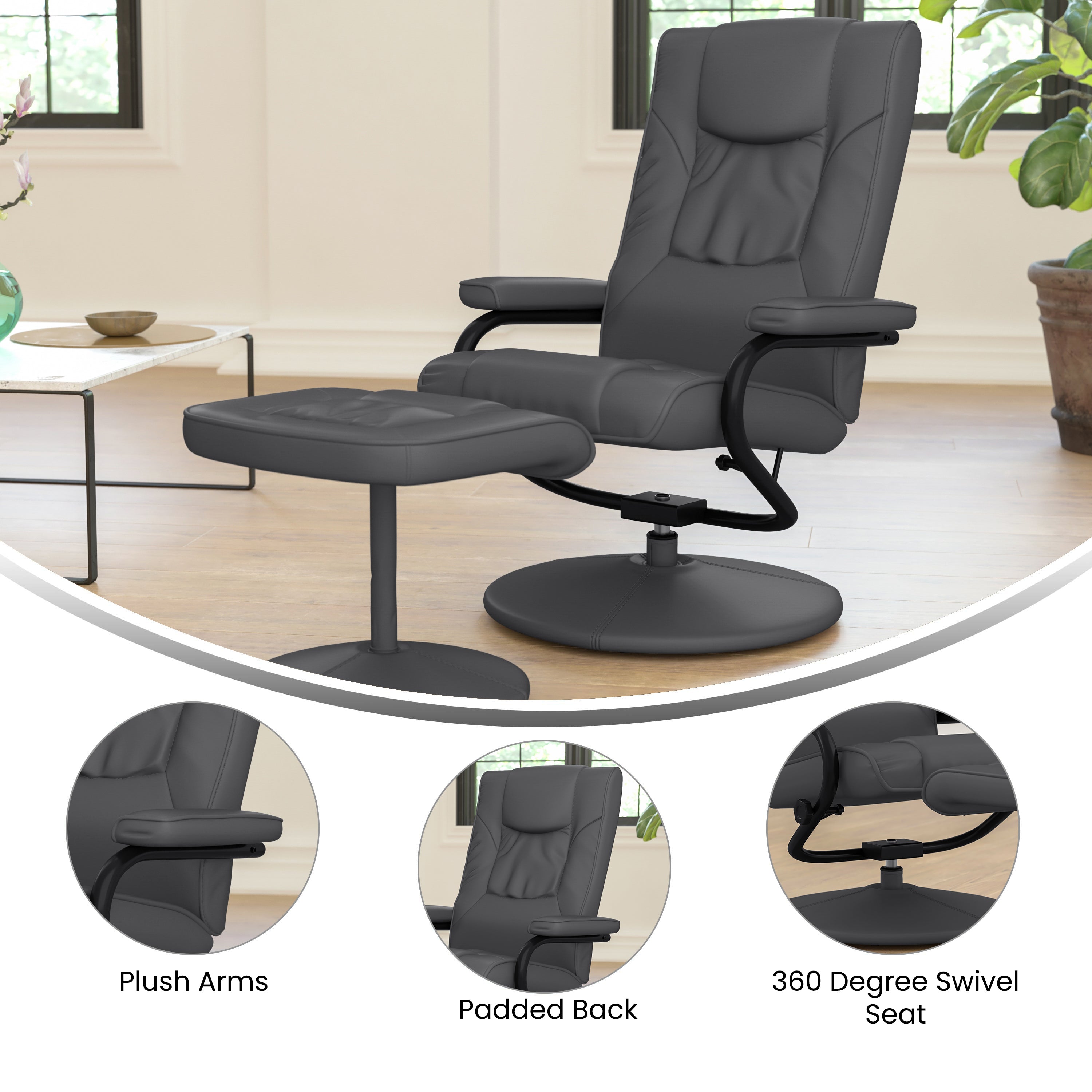 Rachel Contemporary Multi-Position Recliner and Ottoman with Wrapped Base in Gray LeatherSoft
