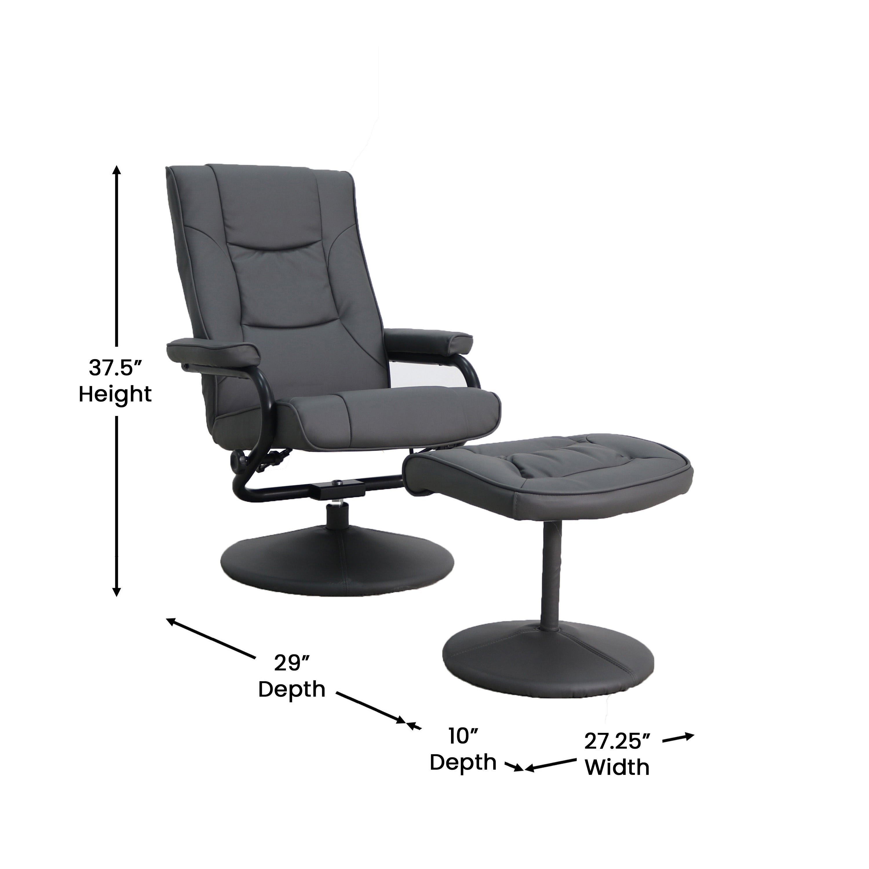 Rachel Contemporary Multi-Position Recliner and Ottoman with Wrapped Base in Gray LeatherSoft