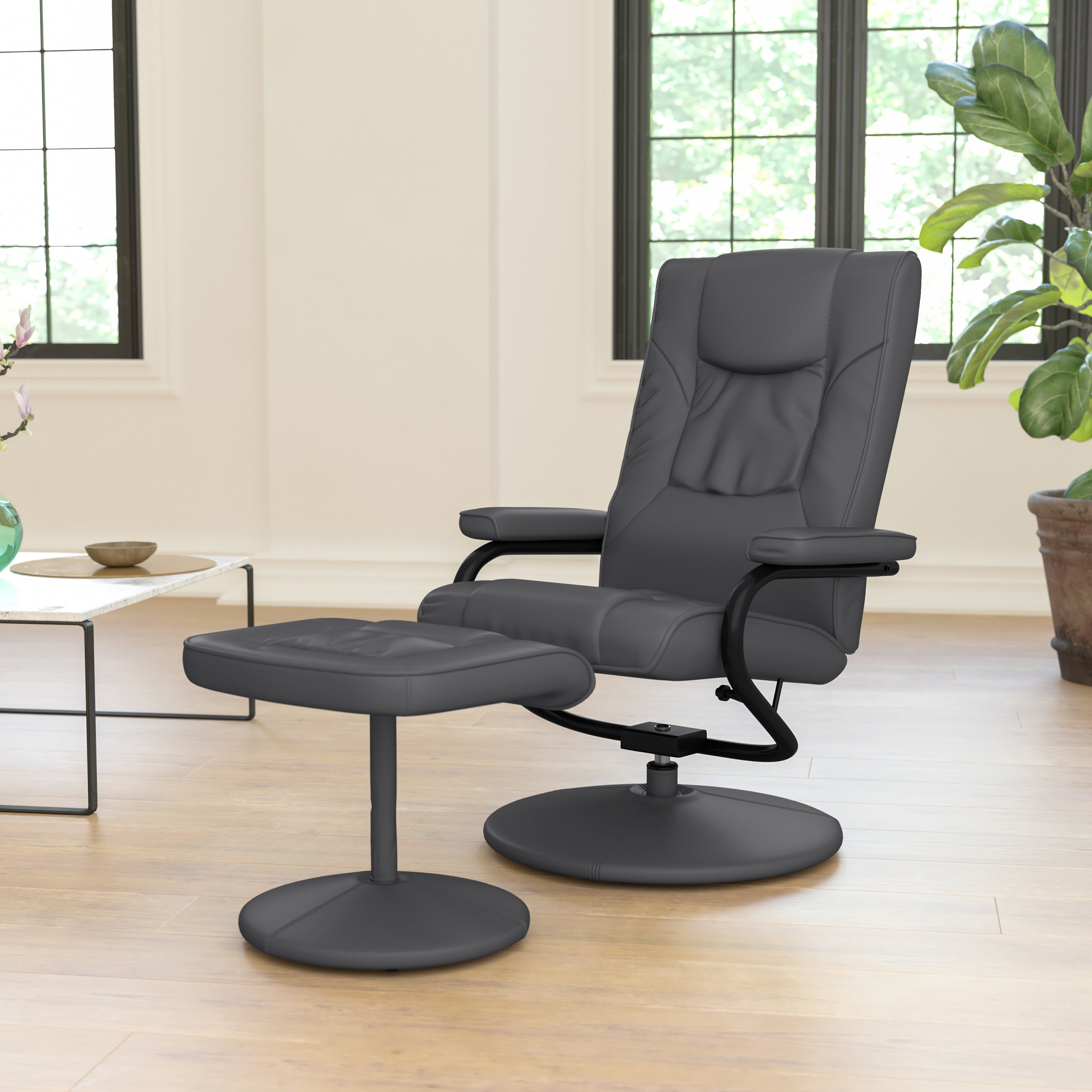 Rachel Contemporary Multi-Position Recliner and Ottoman with Wrapped Base in Gray LeatherSoft
