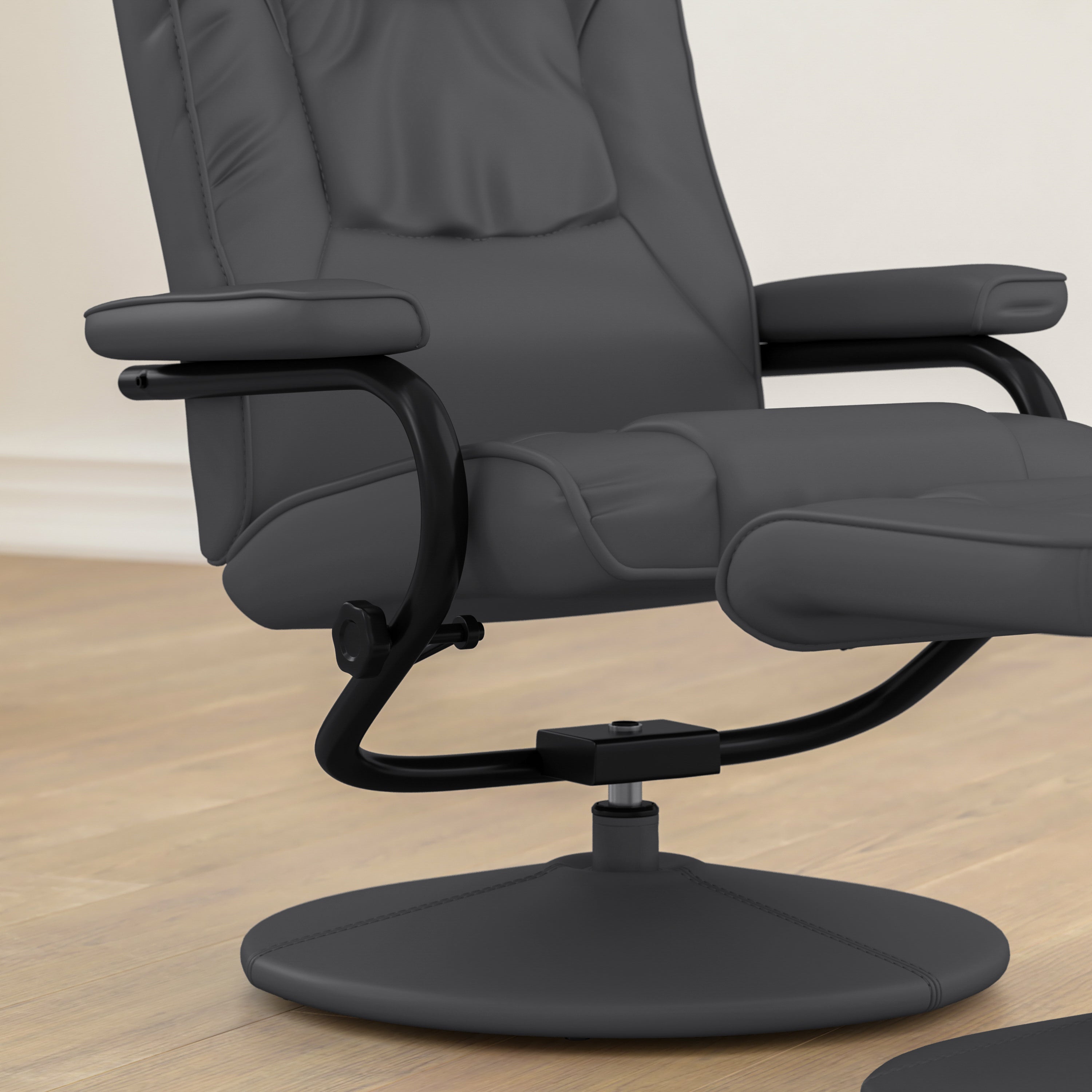 Rachel Contemporary Multi-Position Recliner and Ottoman with Wrapped Base in Gray LeatherSoft