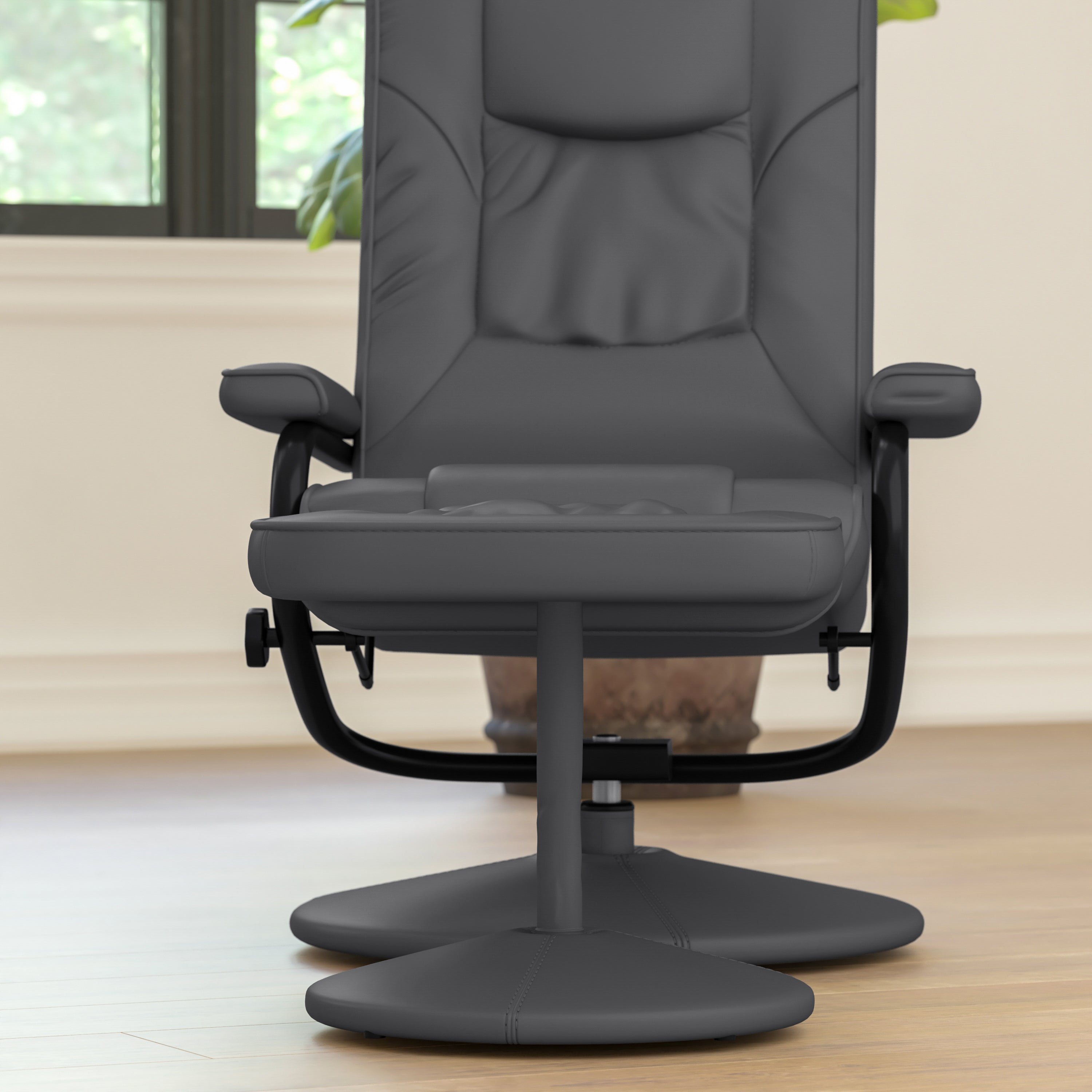 Rachel Contemporary Multi-Position Recliner and Ottoman with Wrapped Base in Gray LeatherSoft