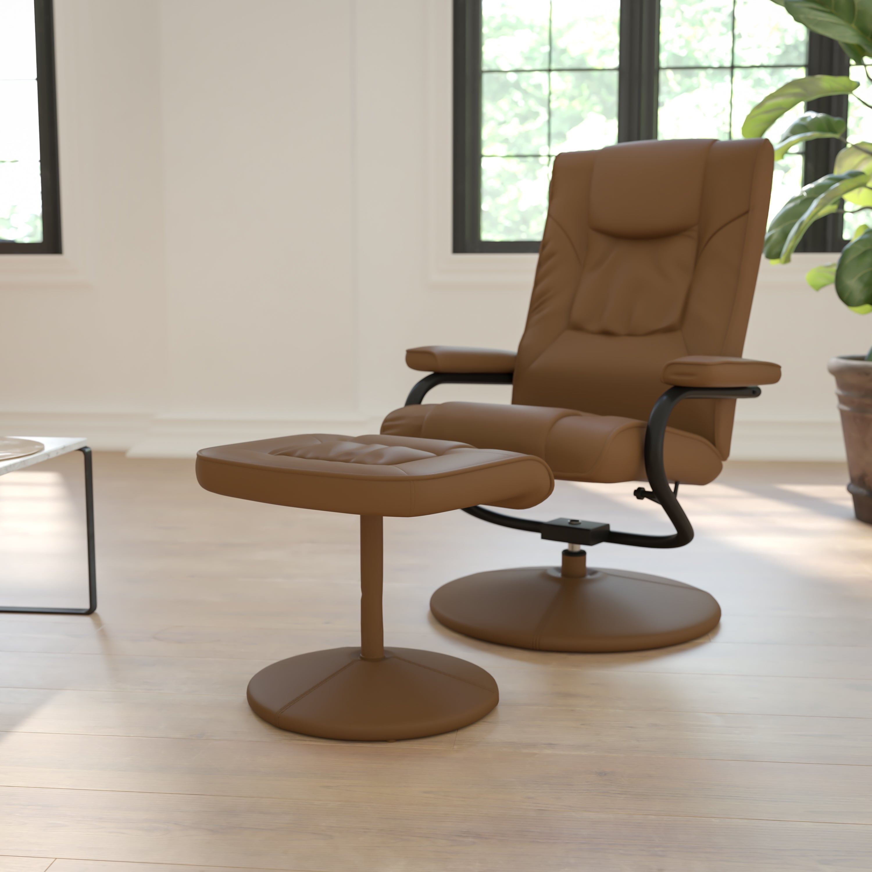 Rachel Contemporary Multi-Position Recliner and Ottoman with Wrapped Base in Palimino LeatherSoft