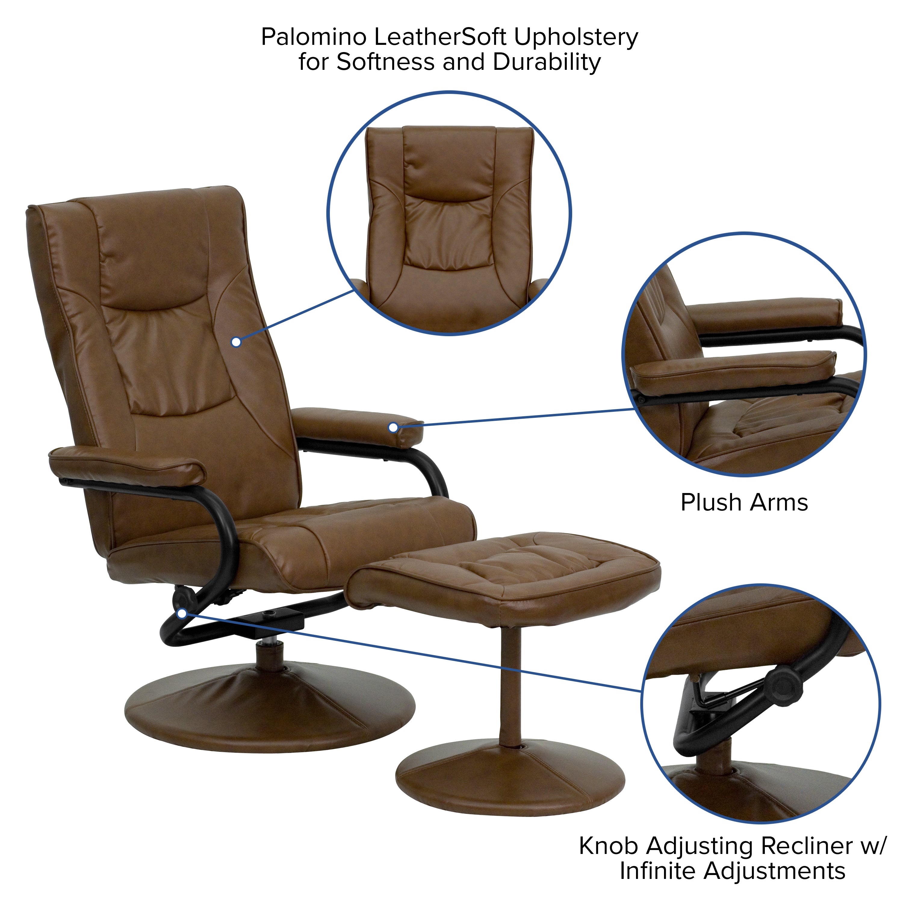 Rachel Contemporary Multi-Position Recliner and Ottoman with Wrapped Base in Palimino LeatherSoft