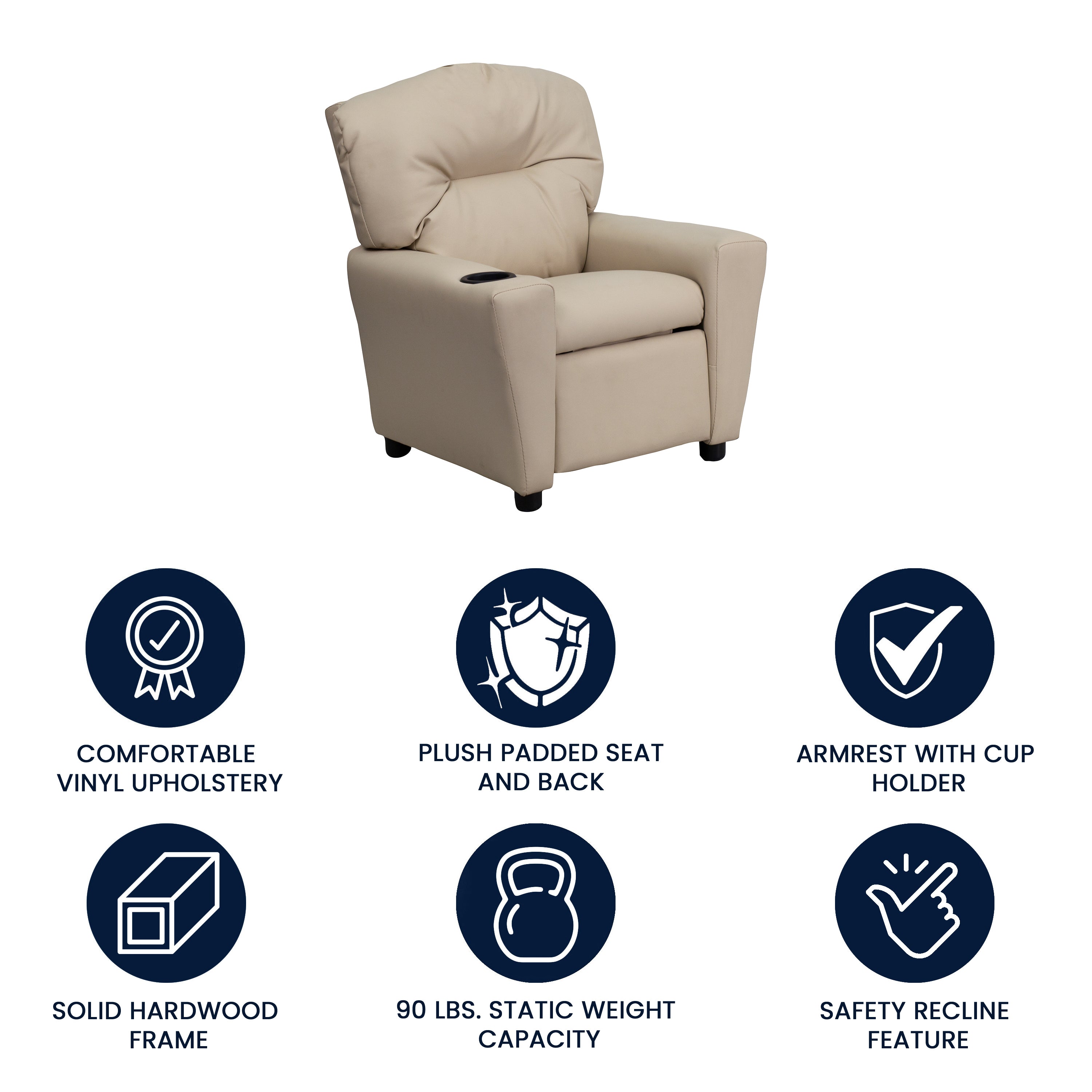 Chandler Contemporary Beige Vinyl Kids Recliner with Cup Holder