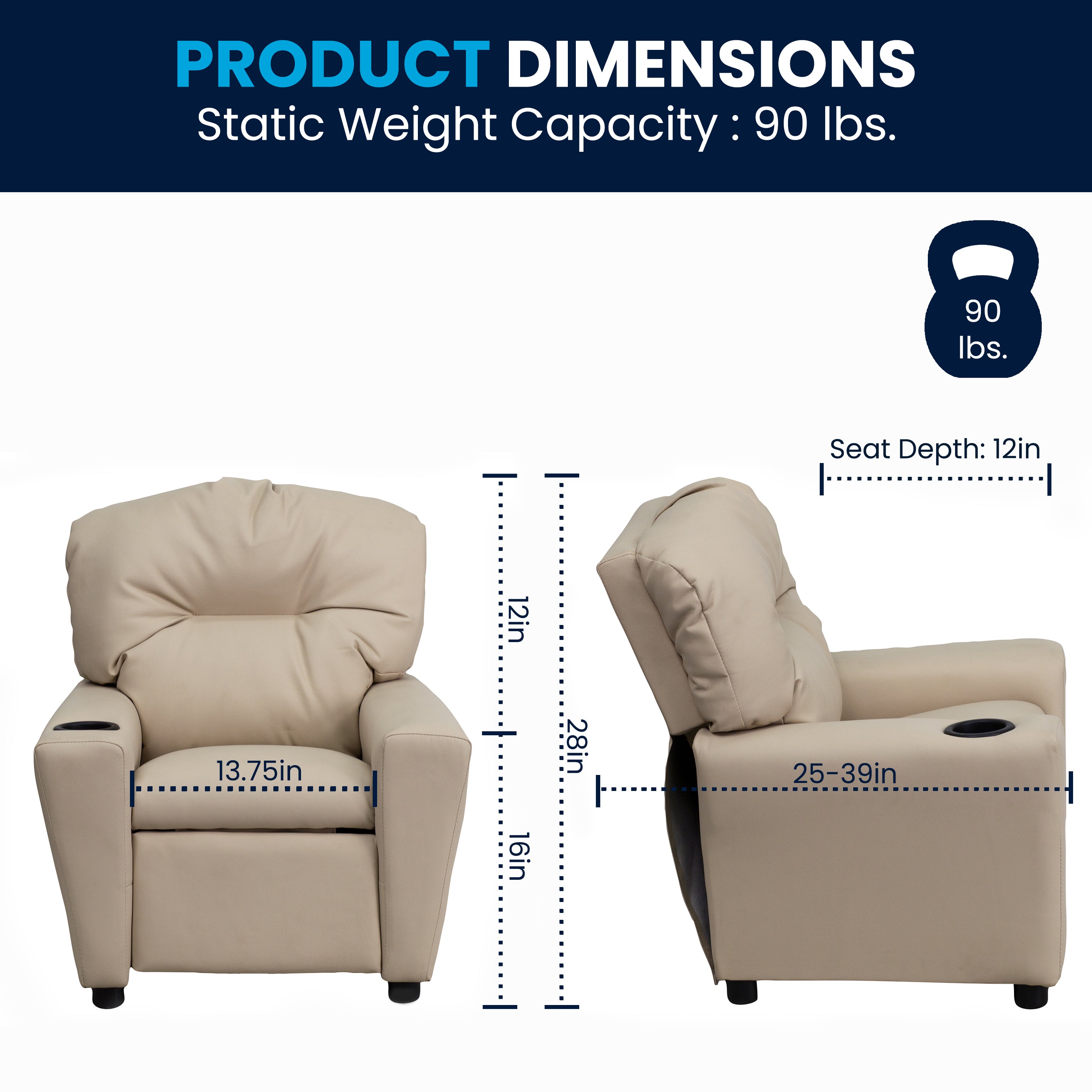 Chandler Contemporary Beige Vinyl Kids Recliner with Cup Holder