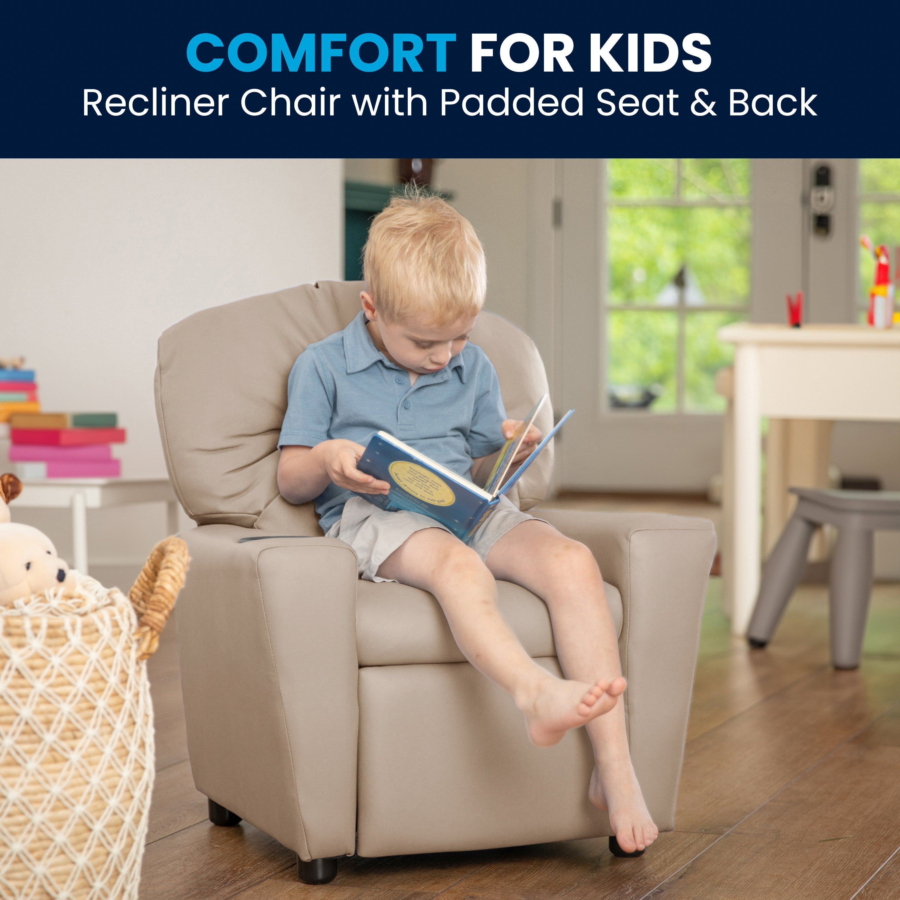 Chandler Contemporary Beige Vinyl Kids Recliner with Cup Holder