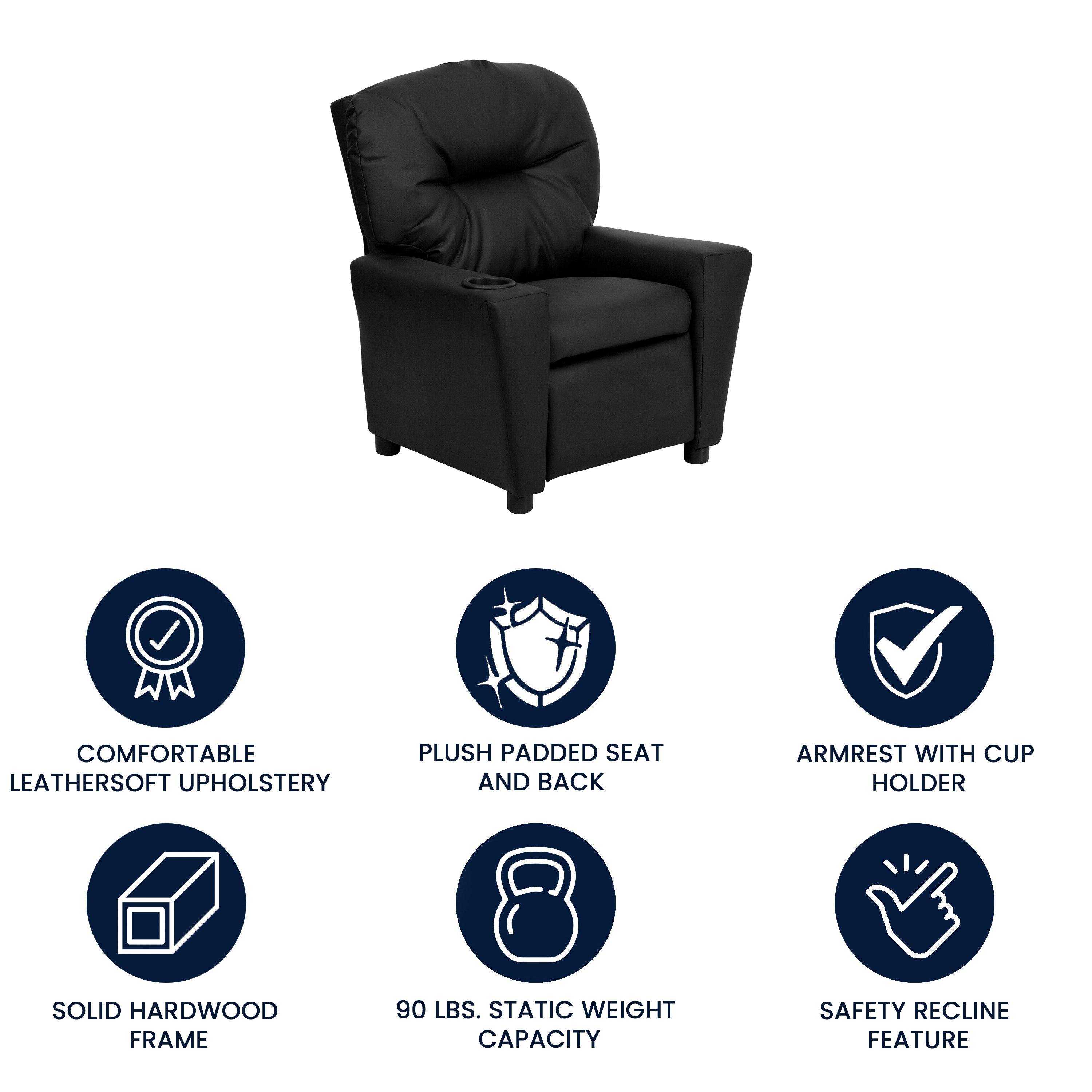 Chandler Contemporary Black LeatherSoft Kids Recliner with Cup Holder