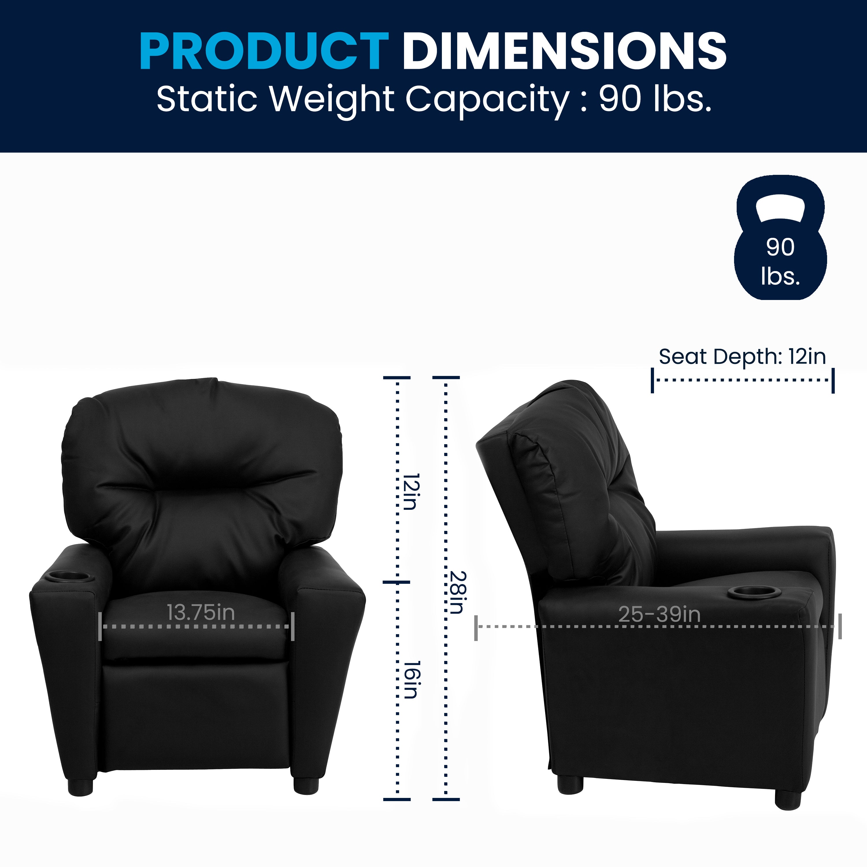 Chandler Contemporary Black LeatherSoft Kids Recliner with Cup Holder