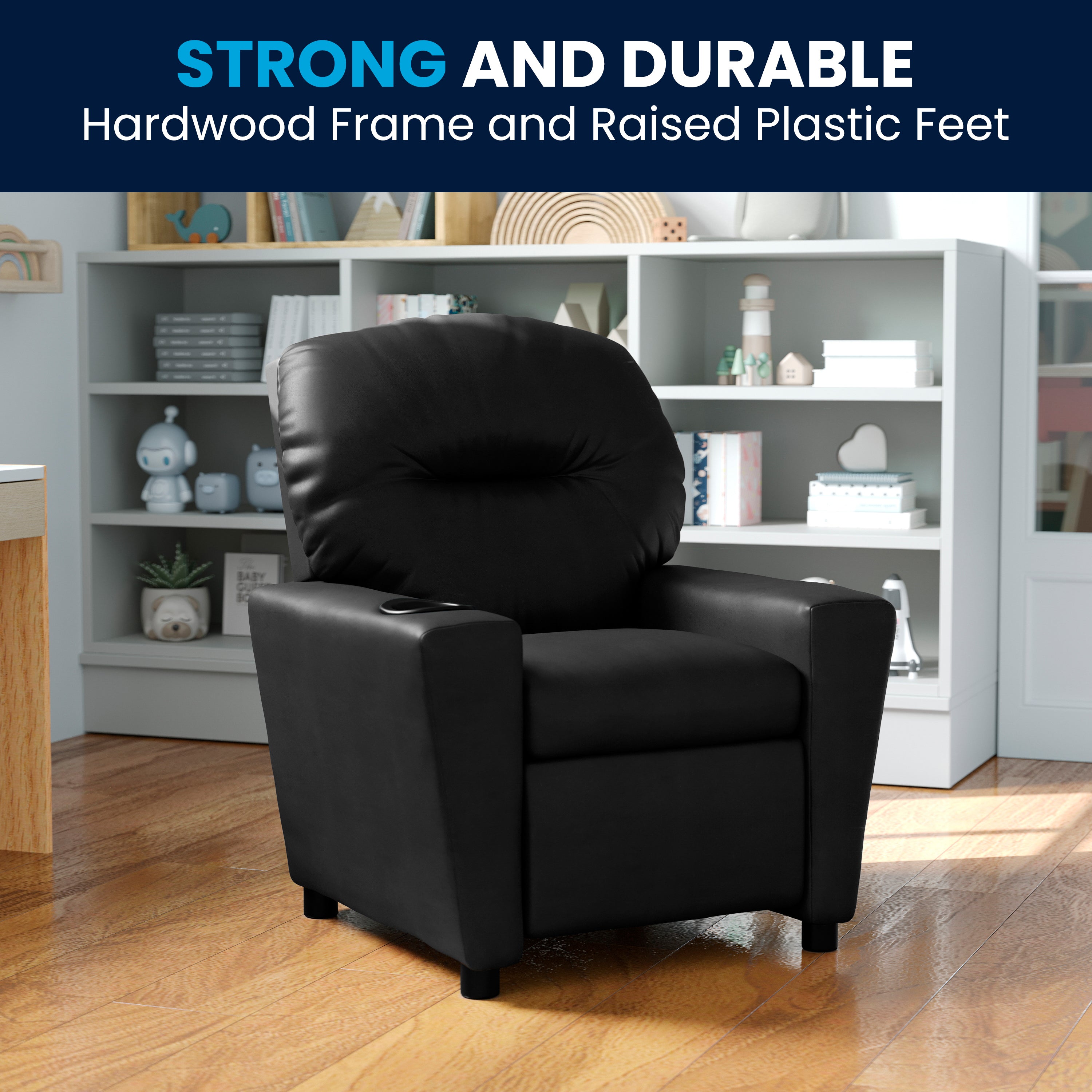 Chandler Contemporary Black LeatherSoft Kids Recliner with Cup Holder