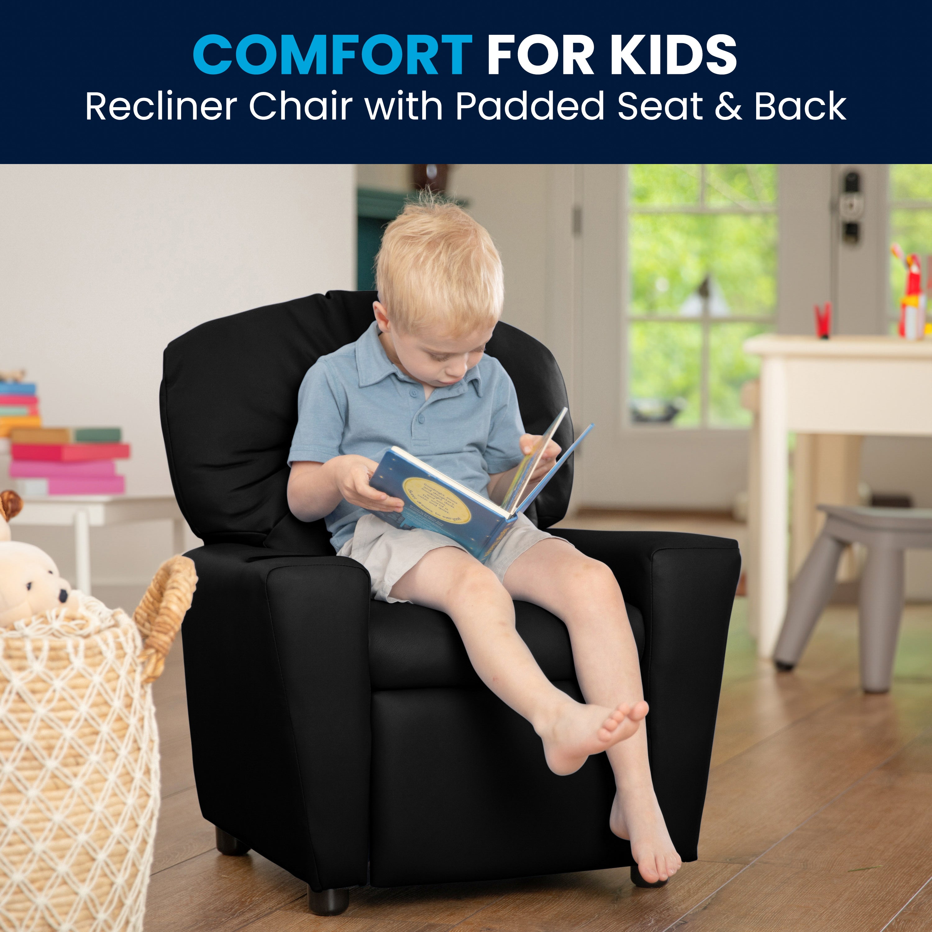 Chandler Contemporary Black LeatherSoft Kids Recliner with Cup Holder