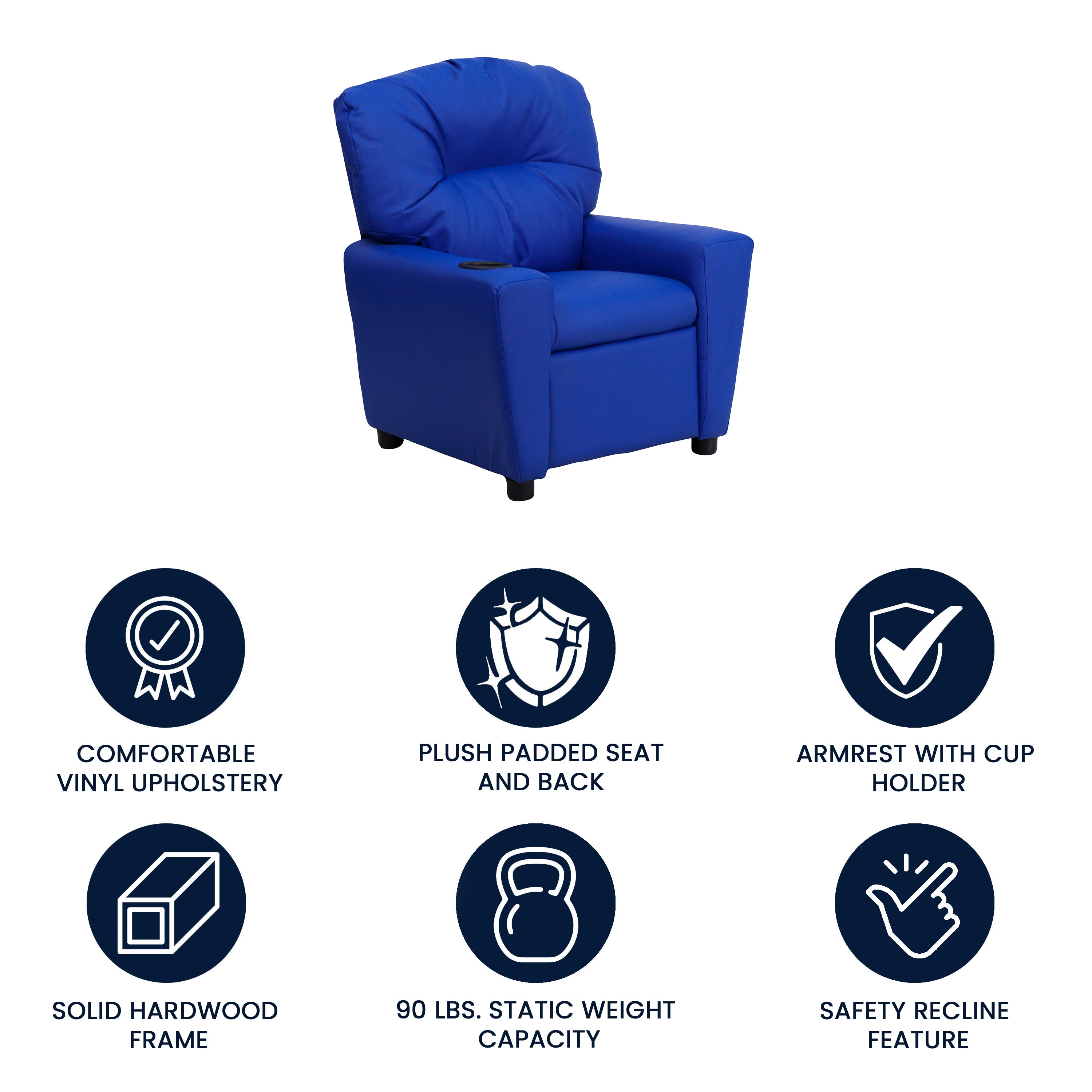 Chandler Contemporary Blue Vinyl Kids Recliner with Cup Holder