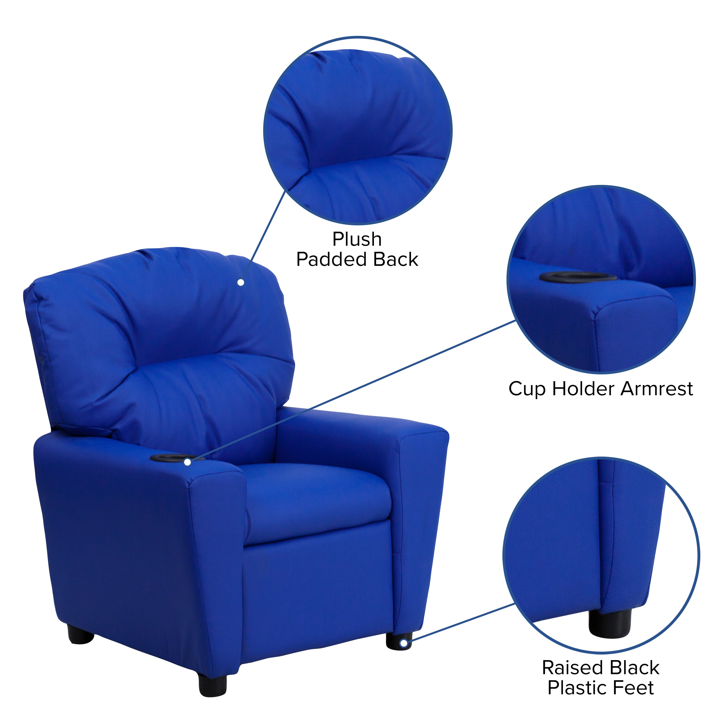 Chandler Contemporary Blue Vinyl Kids Recliner with Cup Holder