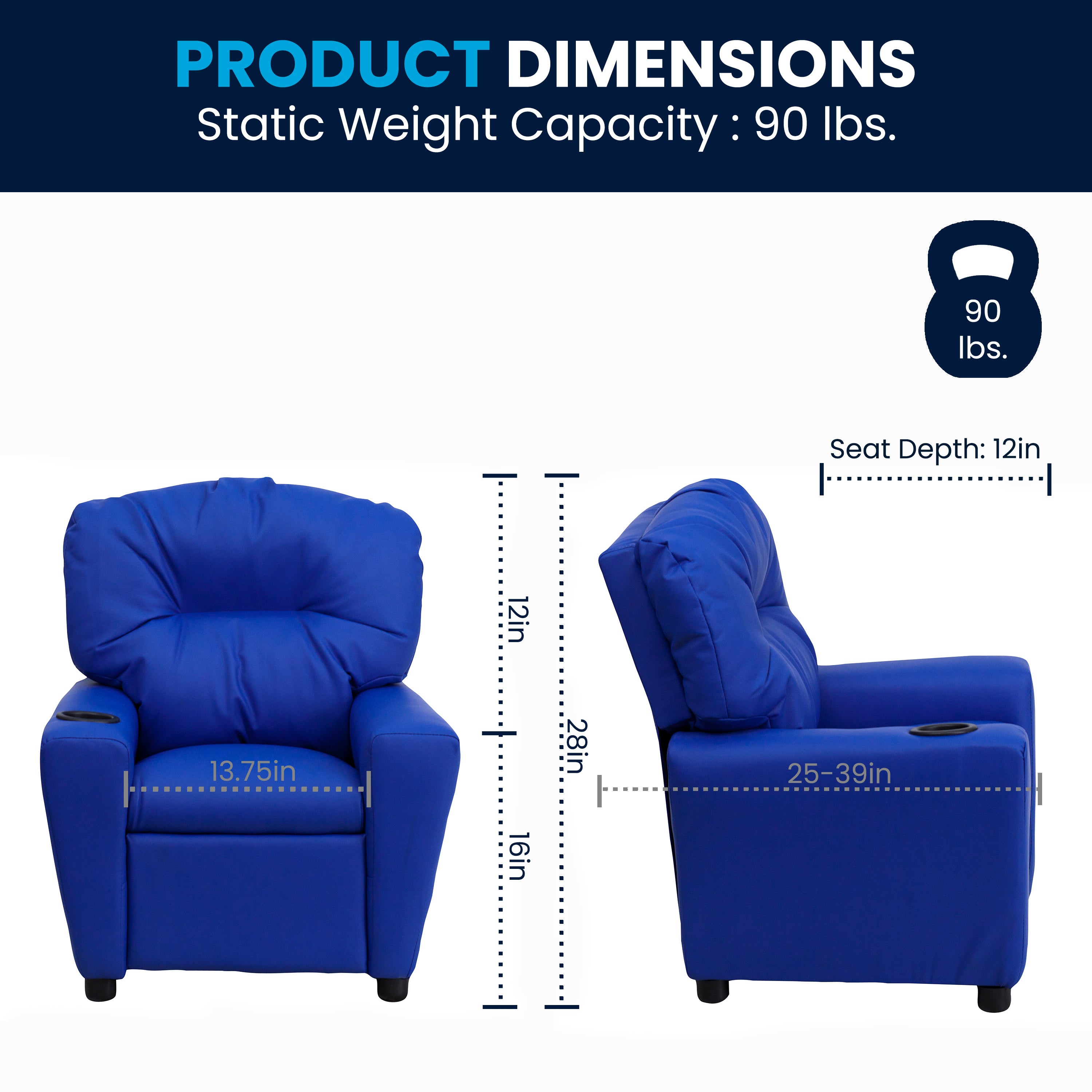 Chandler Contemporary Blue Vinyl Kids Recliner with Cup Holder
